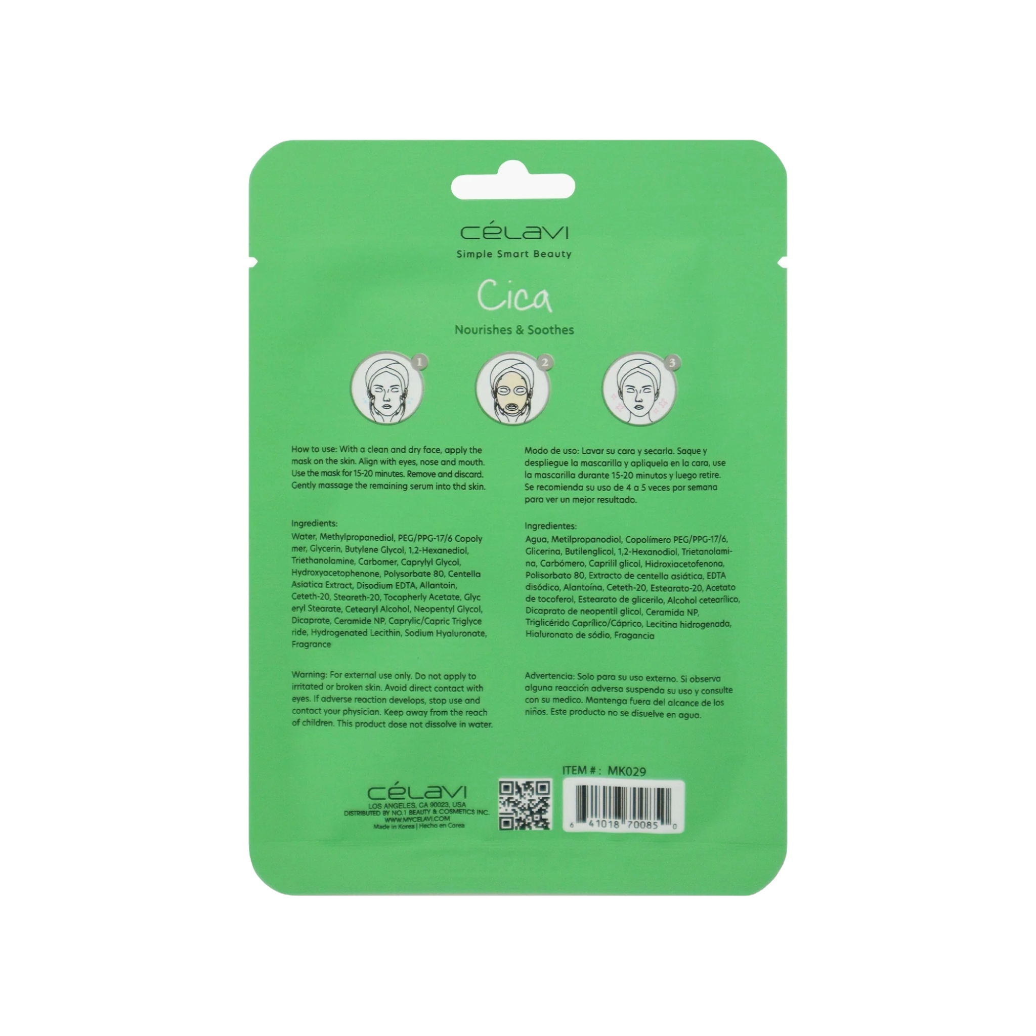 Green packaging of Célavi Cica face mask with text and branding. Ingredient information shown behind package.
