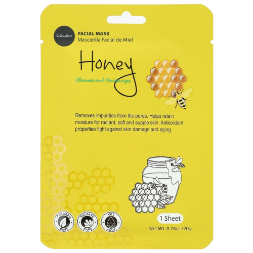 Celavi Honey Yellow facial mask packaging with honeycomb and bee design on a white background
