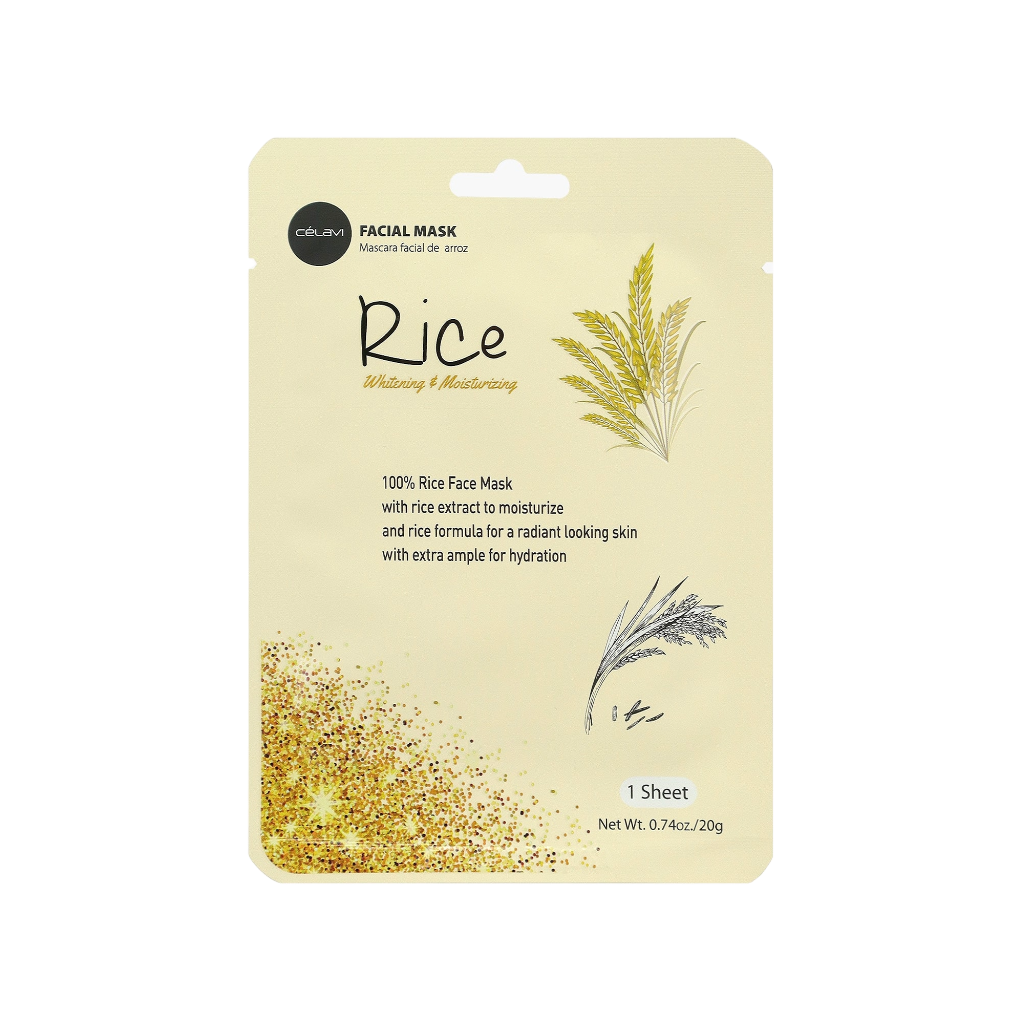 Celavi Rice facial mask packaging with gold glitter on a white background. 