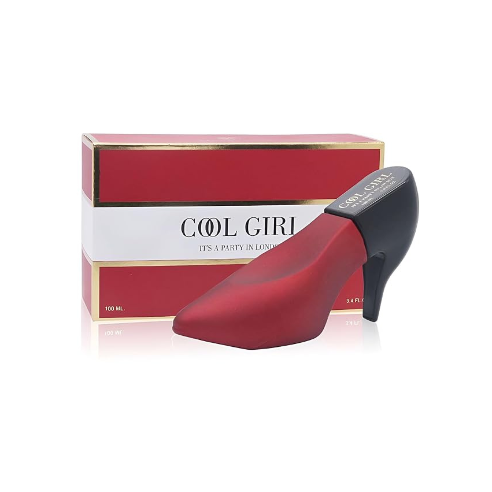 Red high-heeled shoe with 'Cool Girl' packaging on a white background. This fragrance is called cool girl: its a party in london. This fragrance is from secret plus brand.