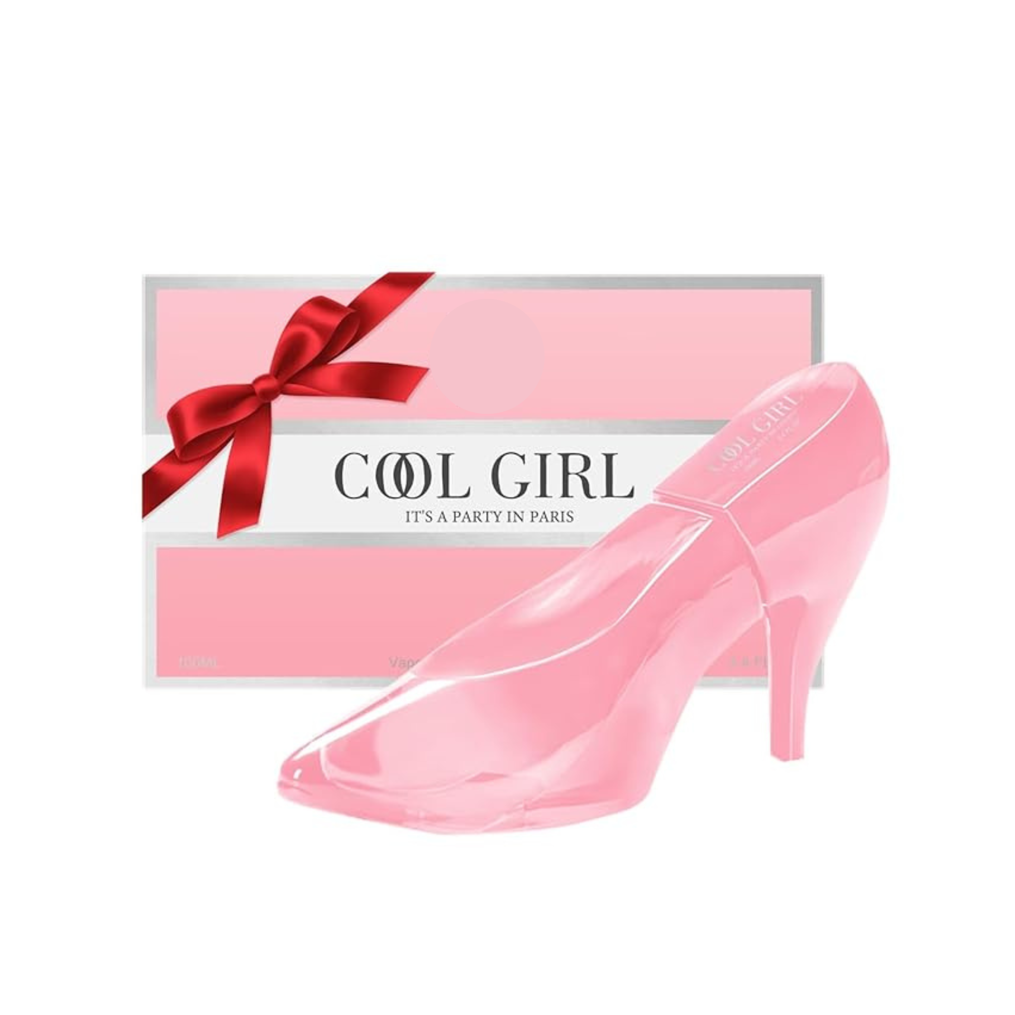 Pink high-heeled shoe  shaped perfume with a 'Cool Girl' text on a box featuring a red ribbon on a white background. This is a secret plus fragrance.