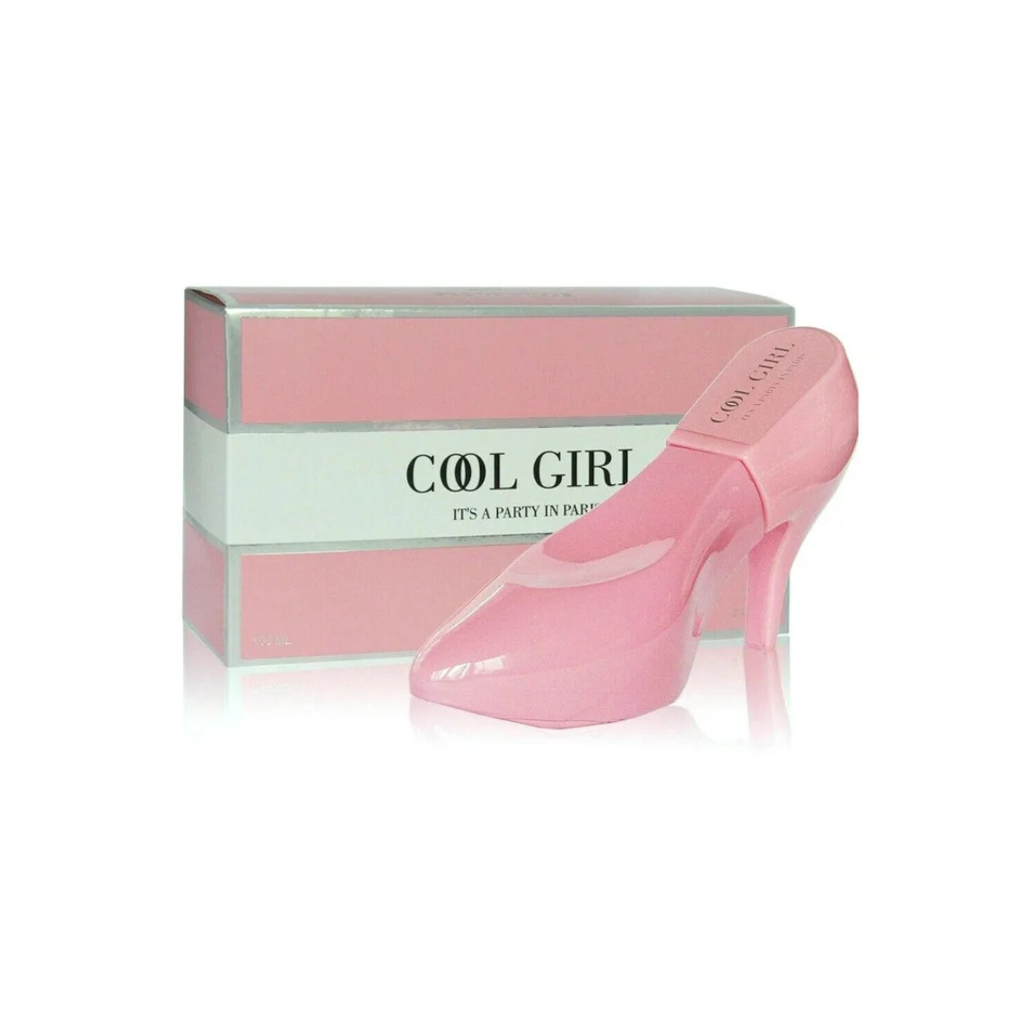Pink Perfume bottle in the shape of a high heel shoe with 'Cool Girl' text on a box on a white background. This fragrance is from secret plus brand.