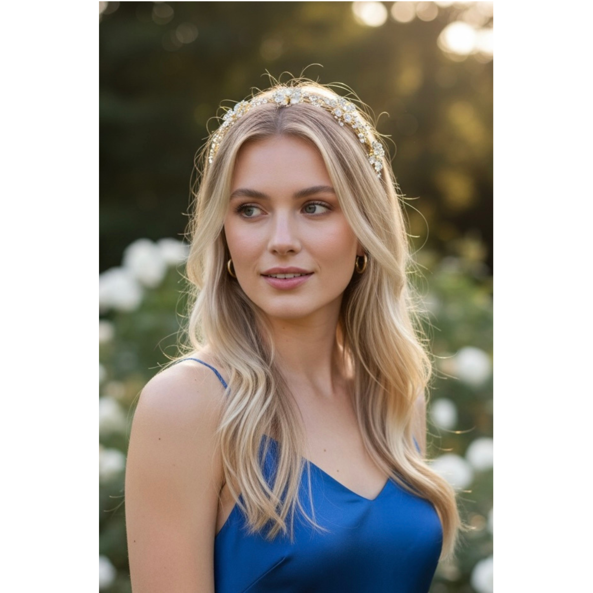 Woman wearing a blue dress and headband with a blurred natural background