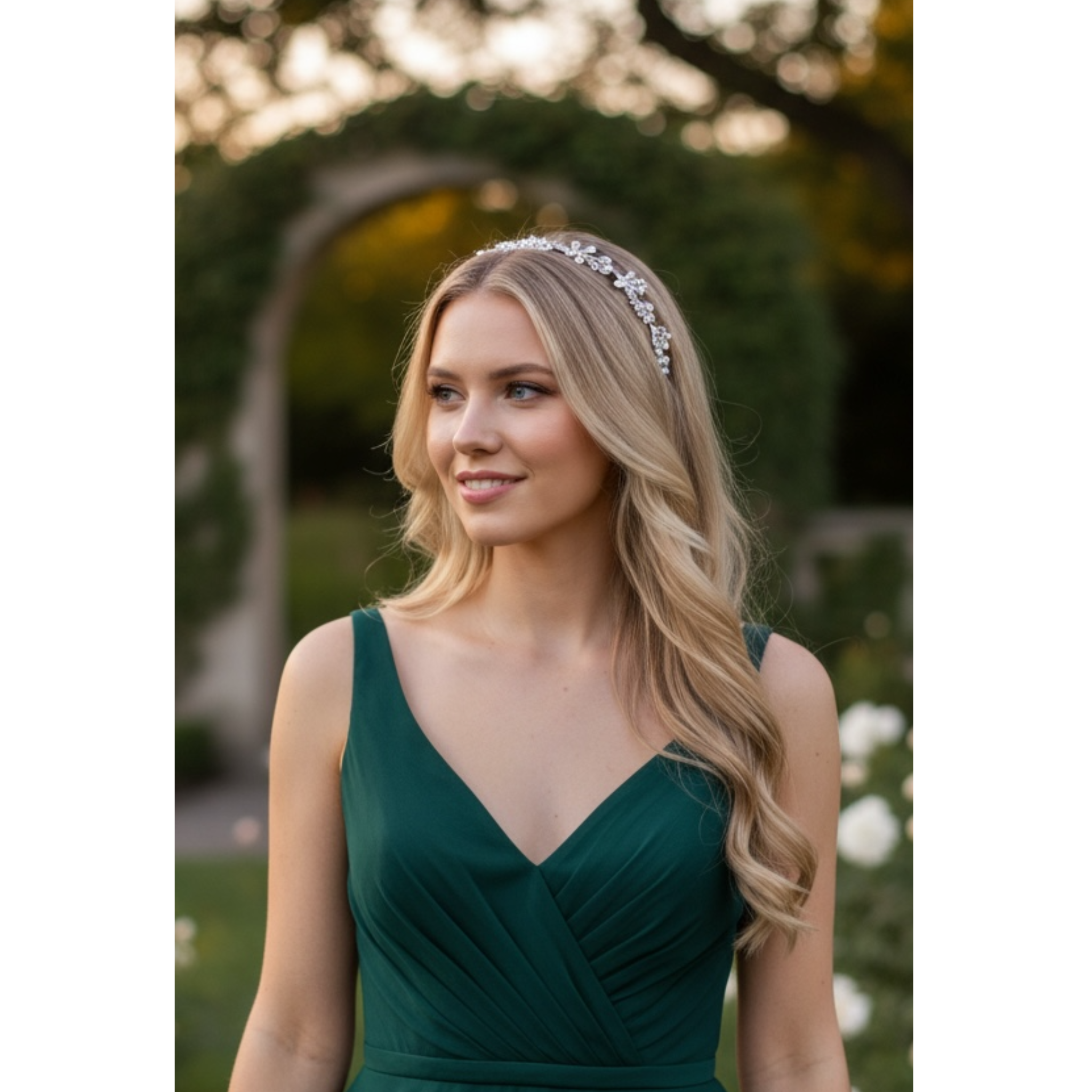 Woman wearing a green dress with a blurred outdoor background. This image showcases the headband on the woman's head.