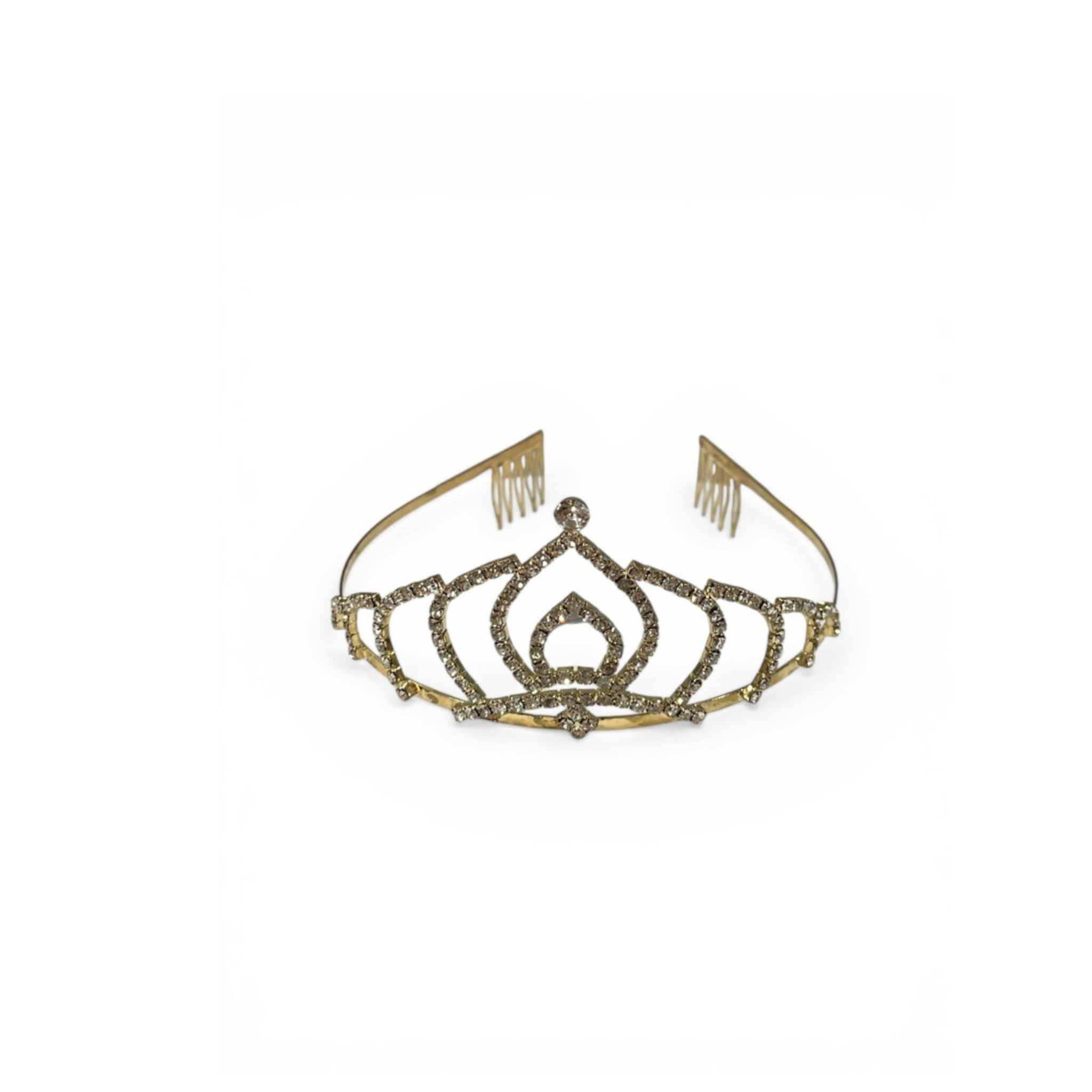 Gold tiara with intricate design on a white background