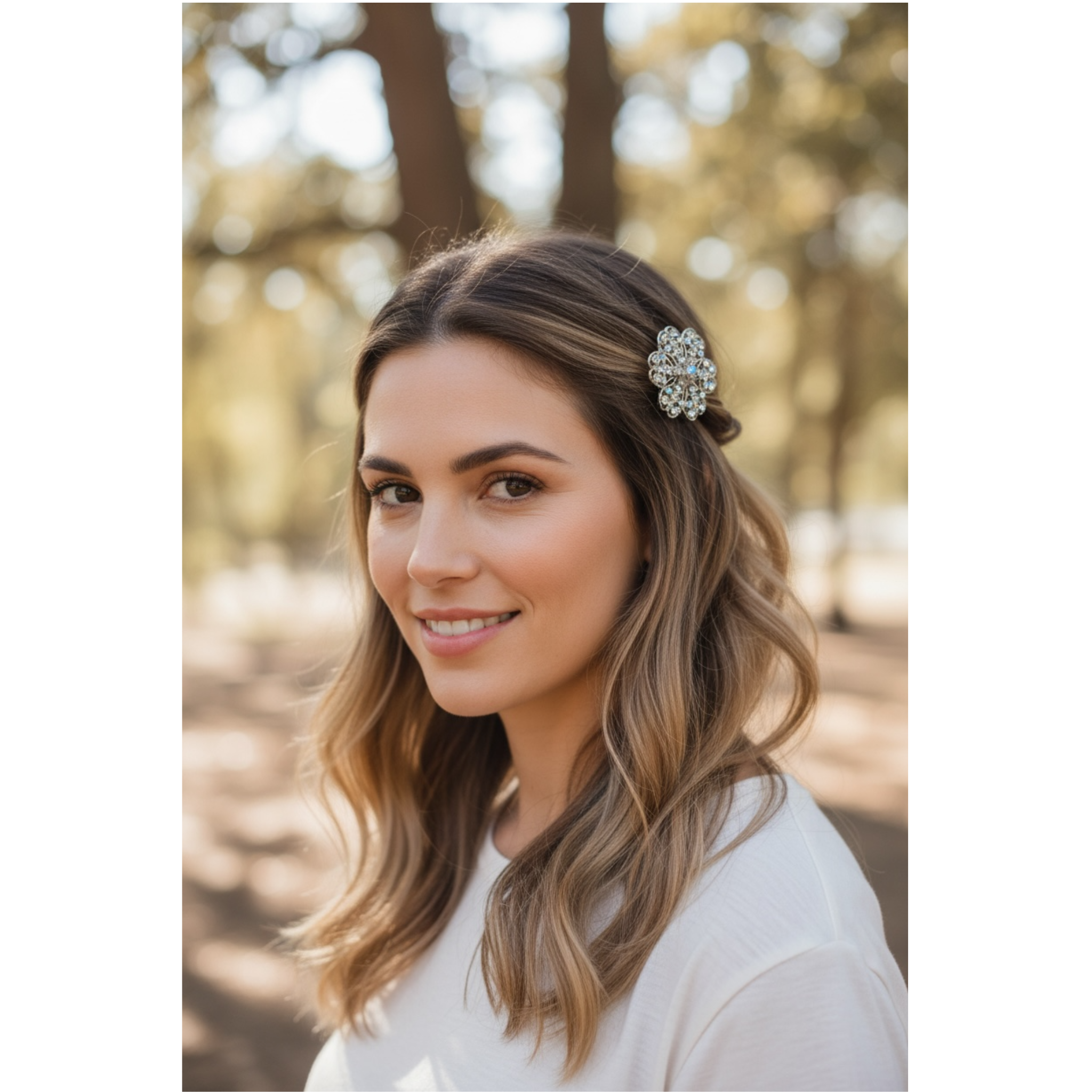 Woman with a decorative hairpiece outdoors