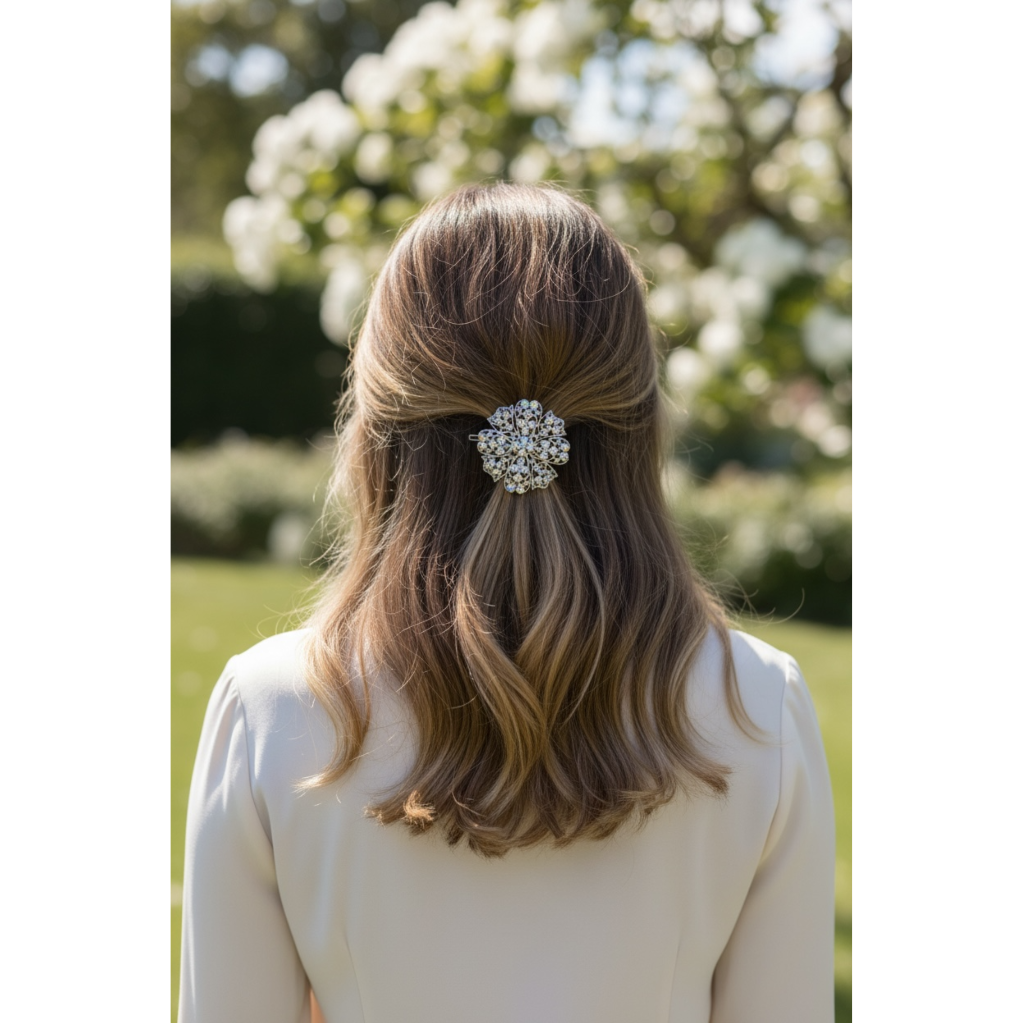 Person with a decorative hair clip outdoors