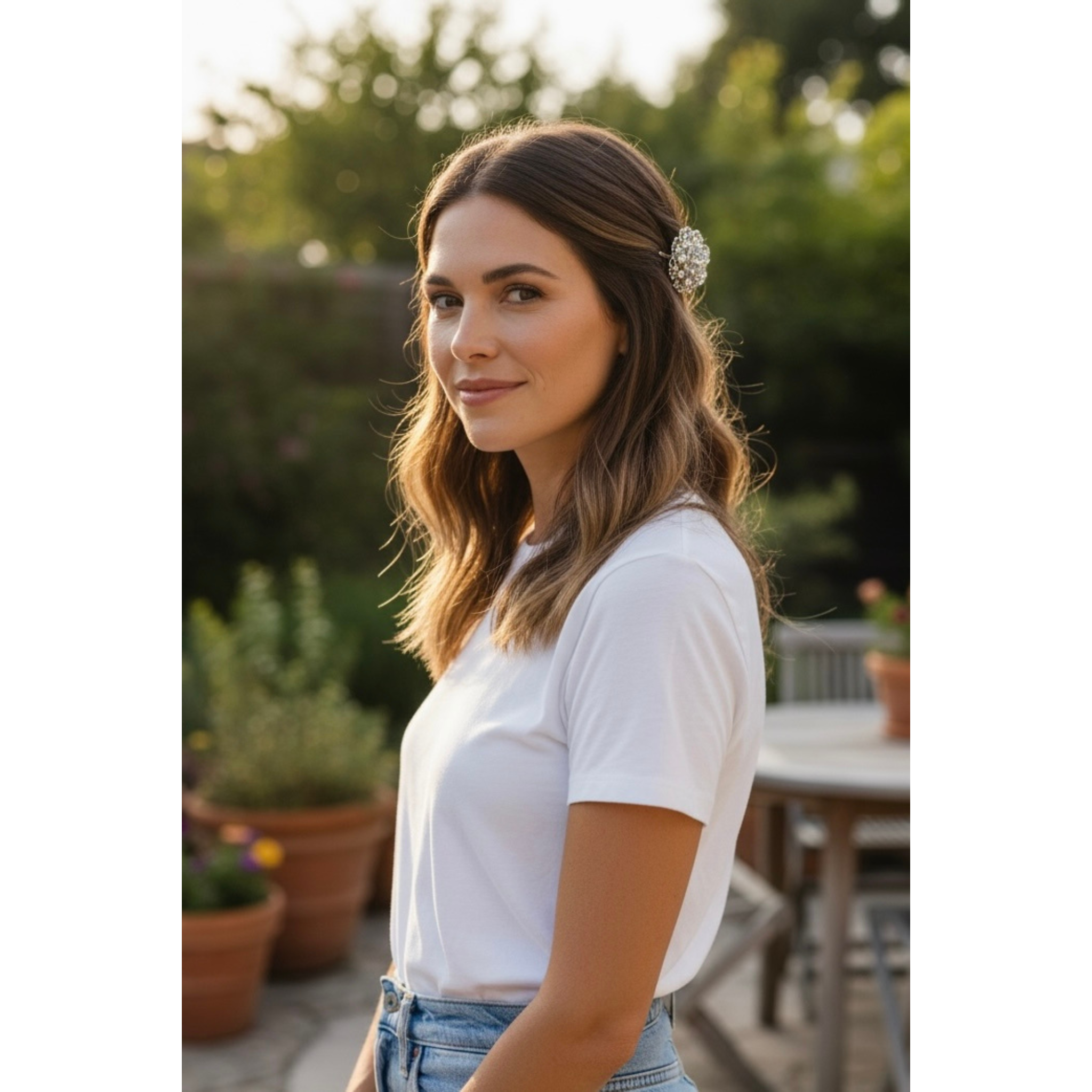 Woman with a white shirt and blue jeans standing outdoors with greenery in the background