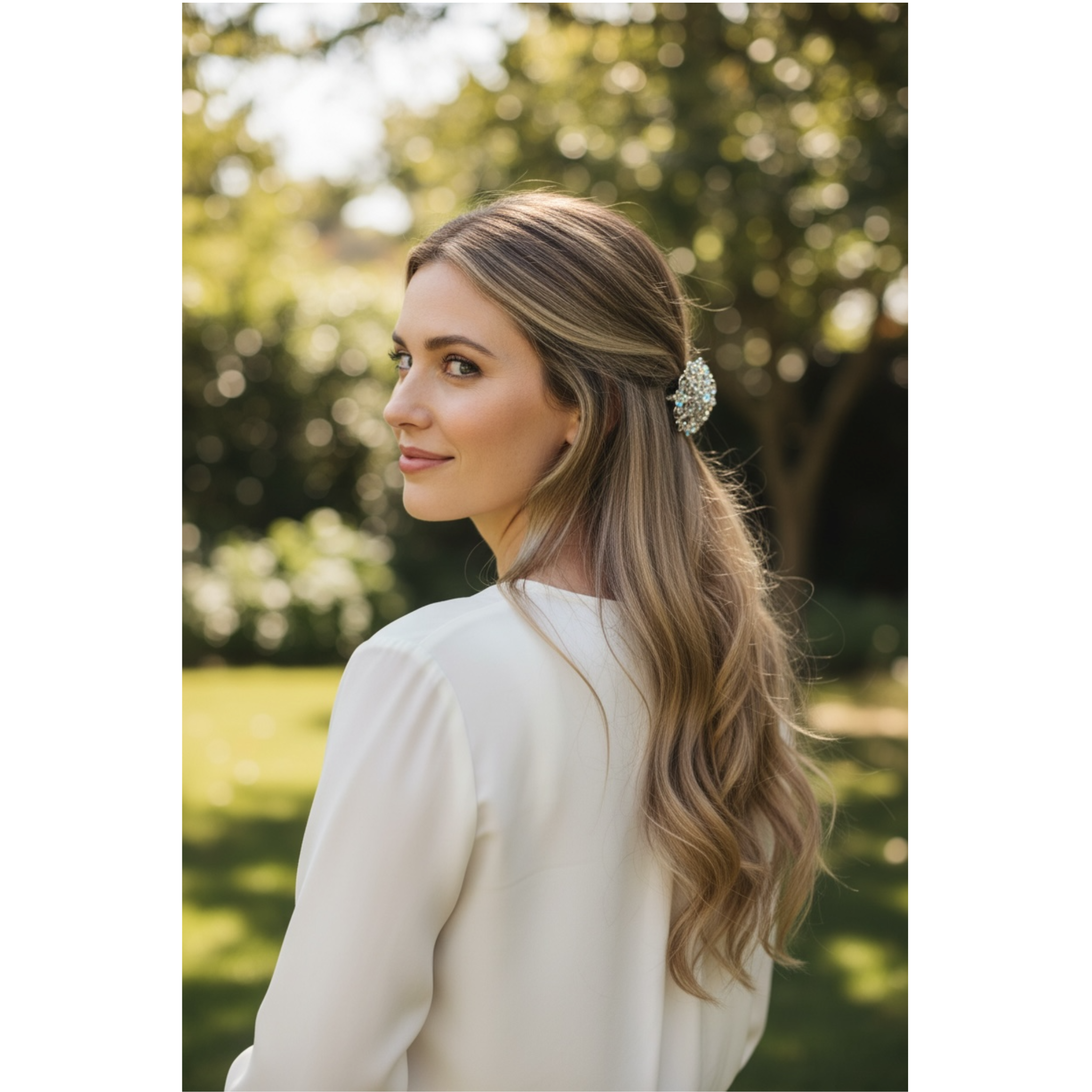 Woman with styled hair outdoors in a natural setting. This image highlights the decorative hairclip on the woman's hair.