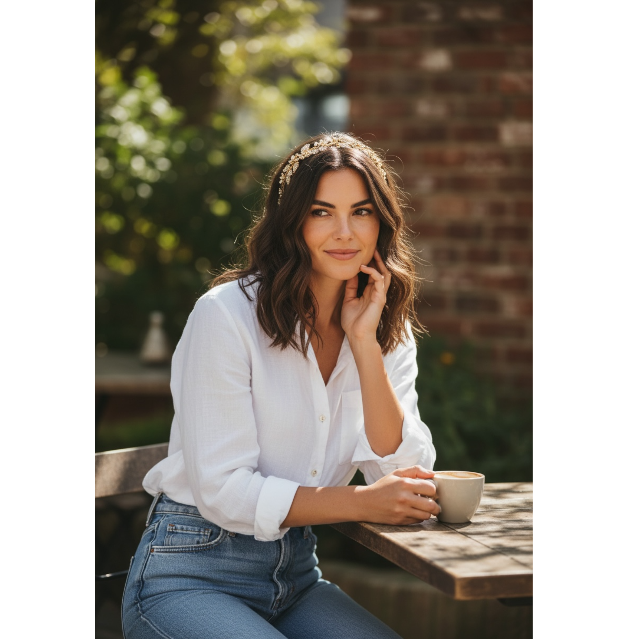 Woman sitting outdoors with a cup of coffee, wearing a white shirt and blue jeans. This image showcase the beautiful headband the woman is wearing.