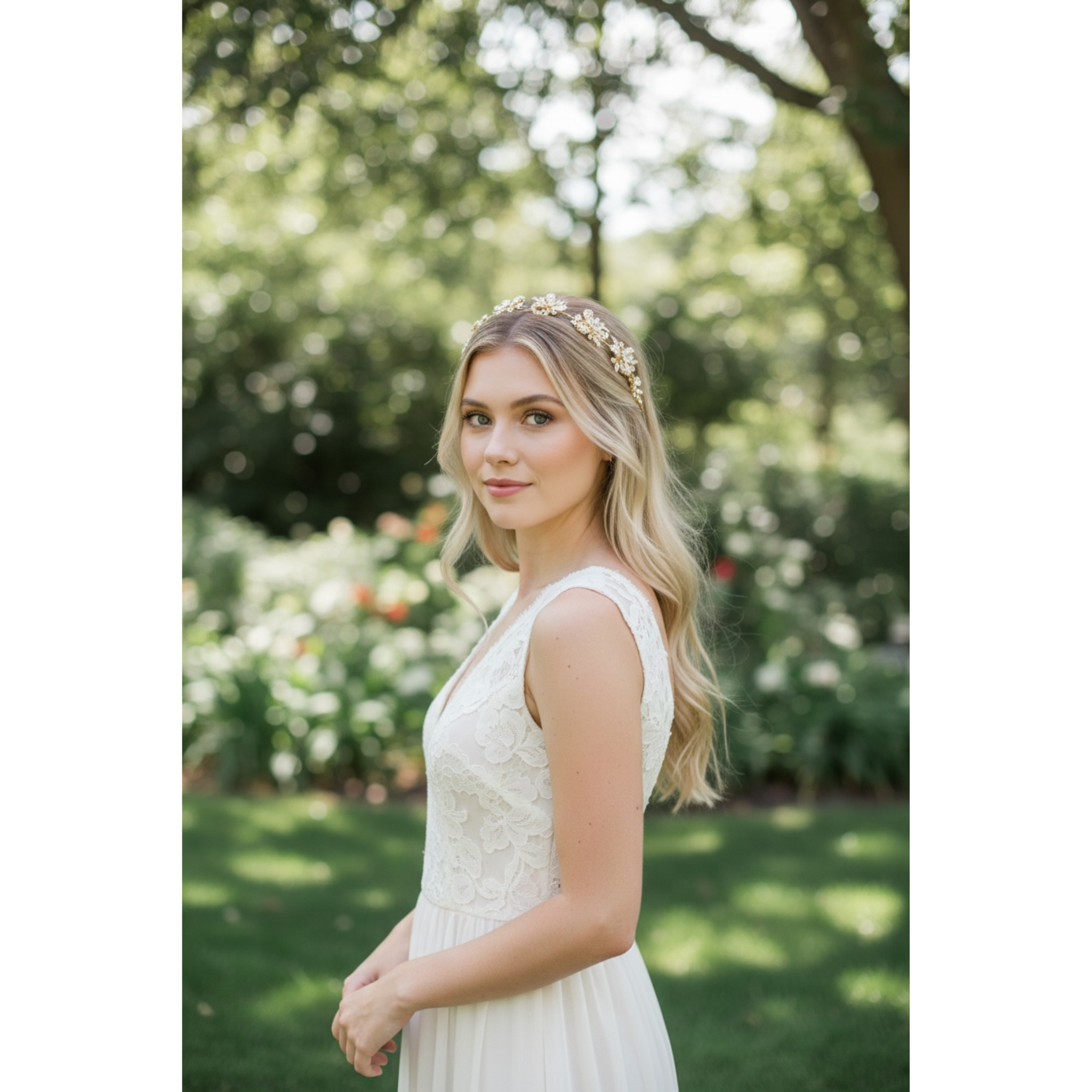 This image showcases the headband. Woman standing outdoors with greenery in the background