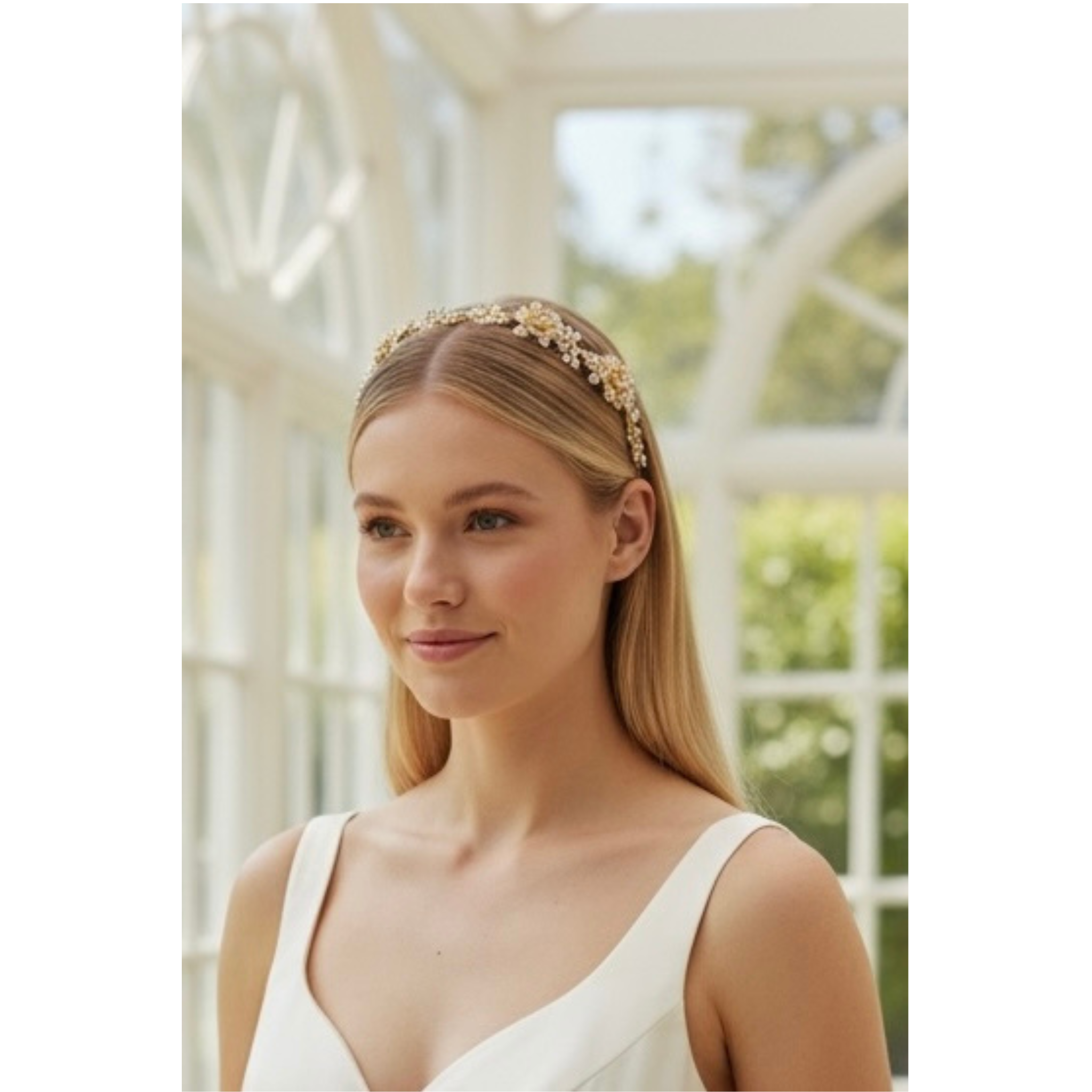 Woman wearing a floral headband in an outdoor setting. This image showcases the headband.