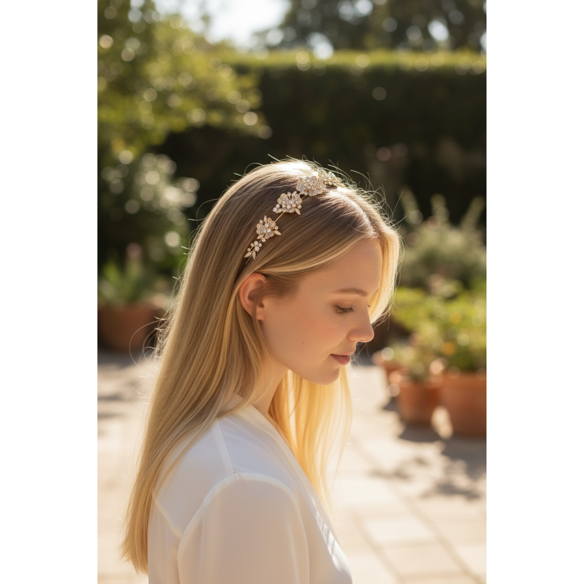 Woman wearing a floral headband in an outdoor setting