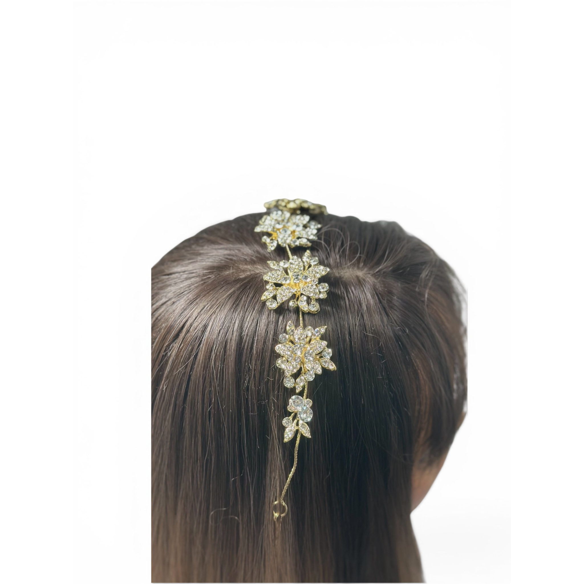 Floral hair accessory on a person's head with a white background