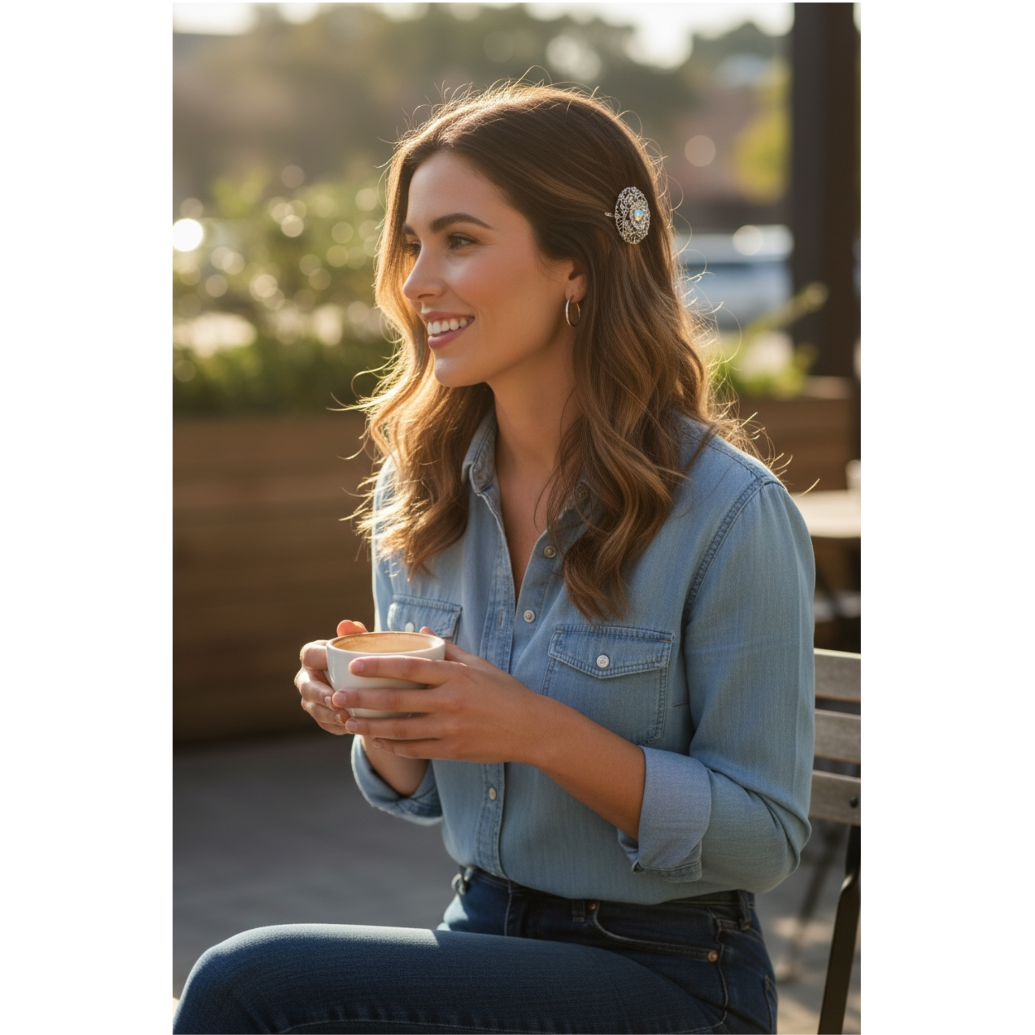 Woman in denim shirt holding a cup outdoors. This image highlights the beautiful hair clip on the woman's head.