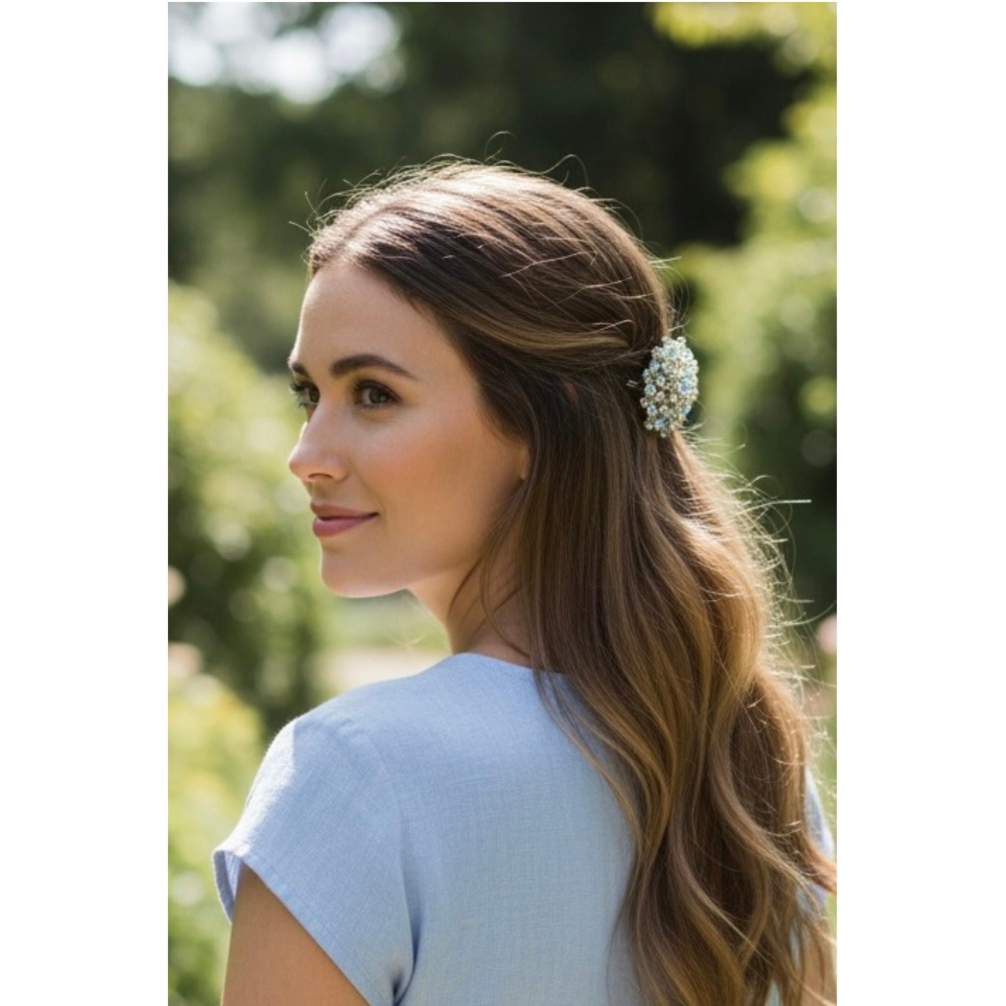 Woman with a hair accessory outdoors. This images showcases the woman's hair clip.