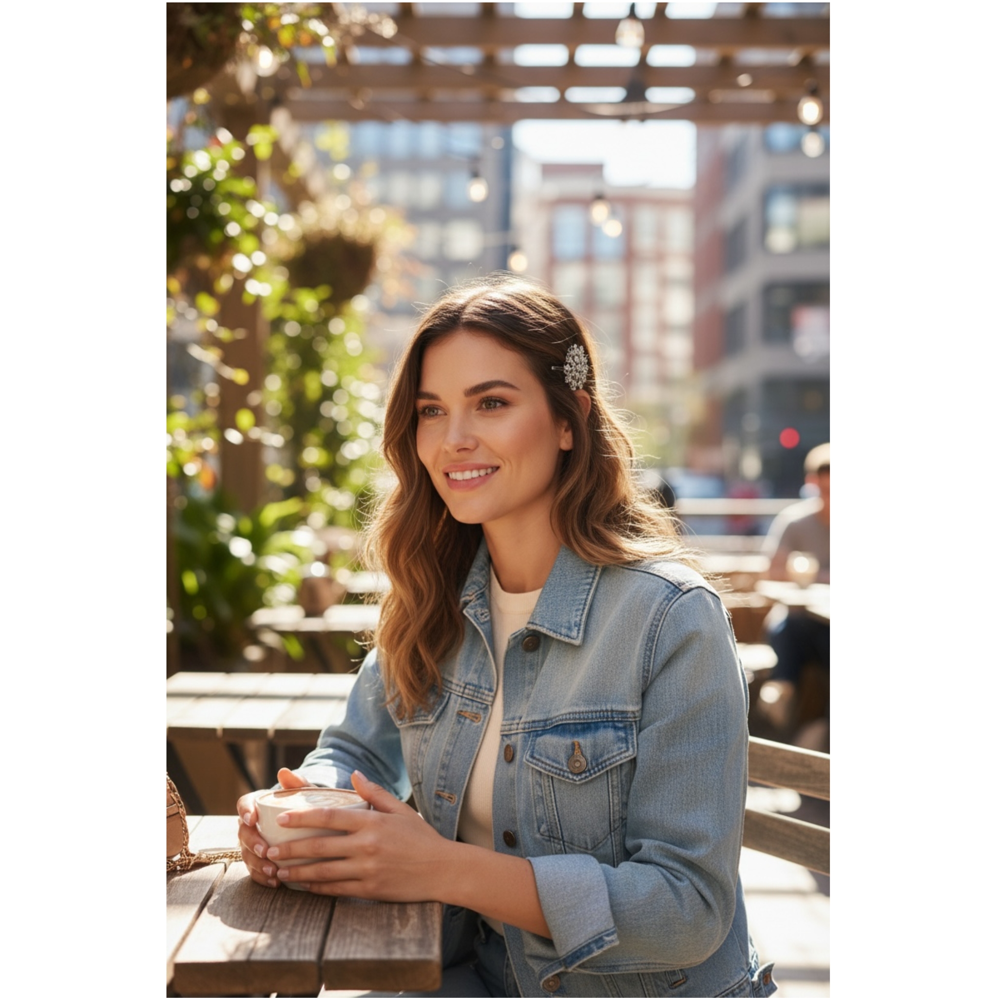 Woman holding a cup outdoors with blurred background. The highlight of the image is her decorative multicolor hairclip.