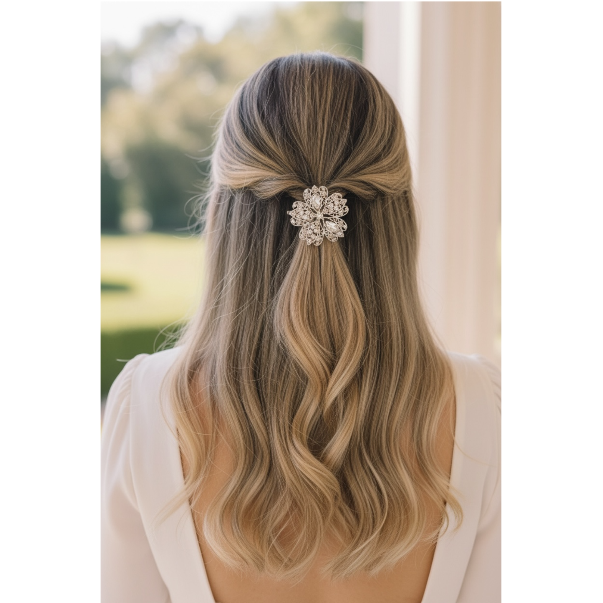 Woman with wavy hair wearing a decorative hair clip outdoors. The highlight of the image is the decorative hairclip on the woman's hair.