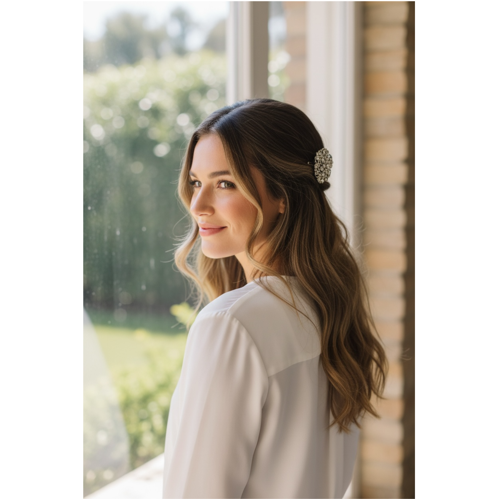 Woman with a hair accessory standing by a window with a blurred outdoor background