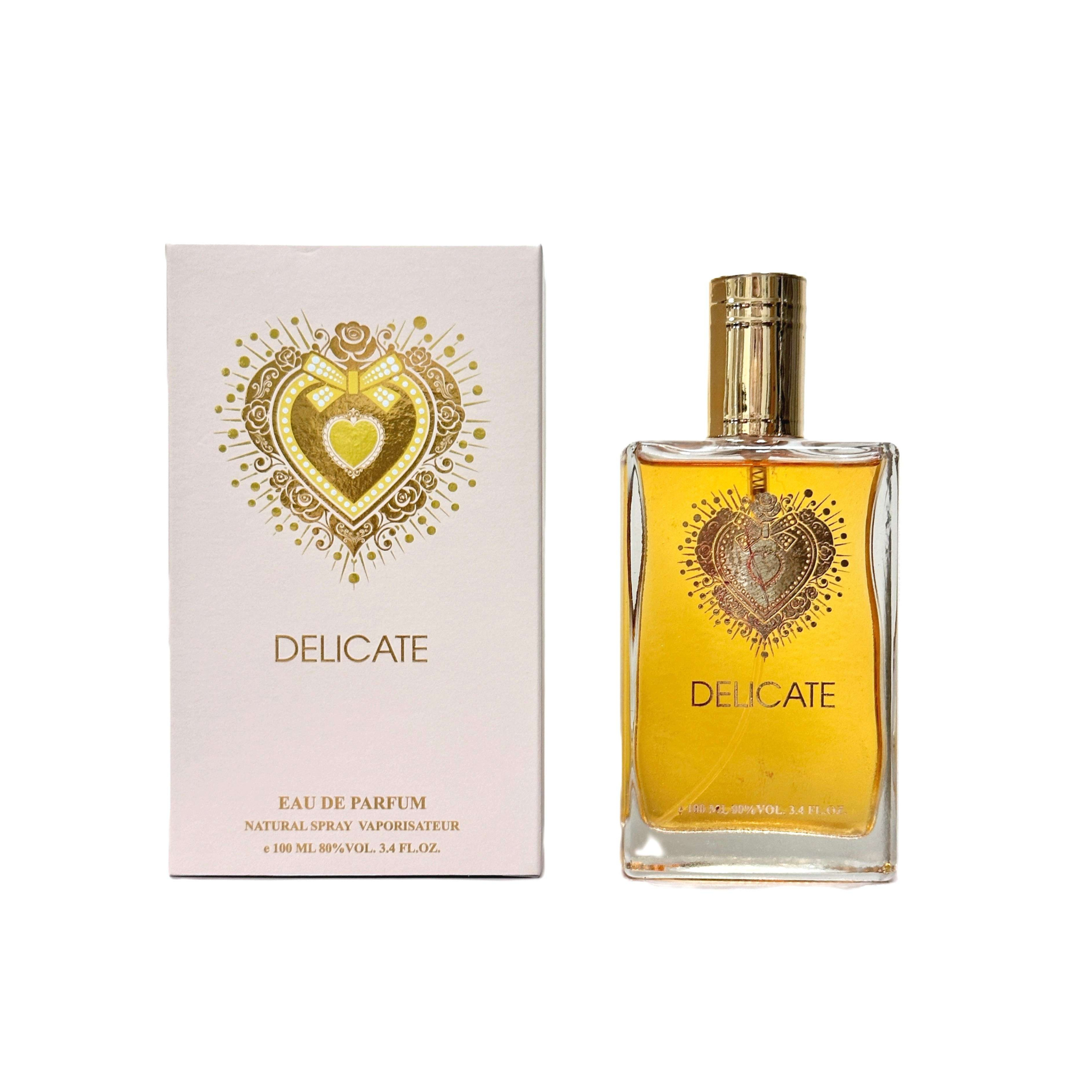 Perfume bottle and packaging with 'Delicate' branding on a white background. EBC Collection Fragrance