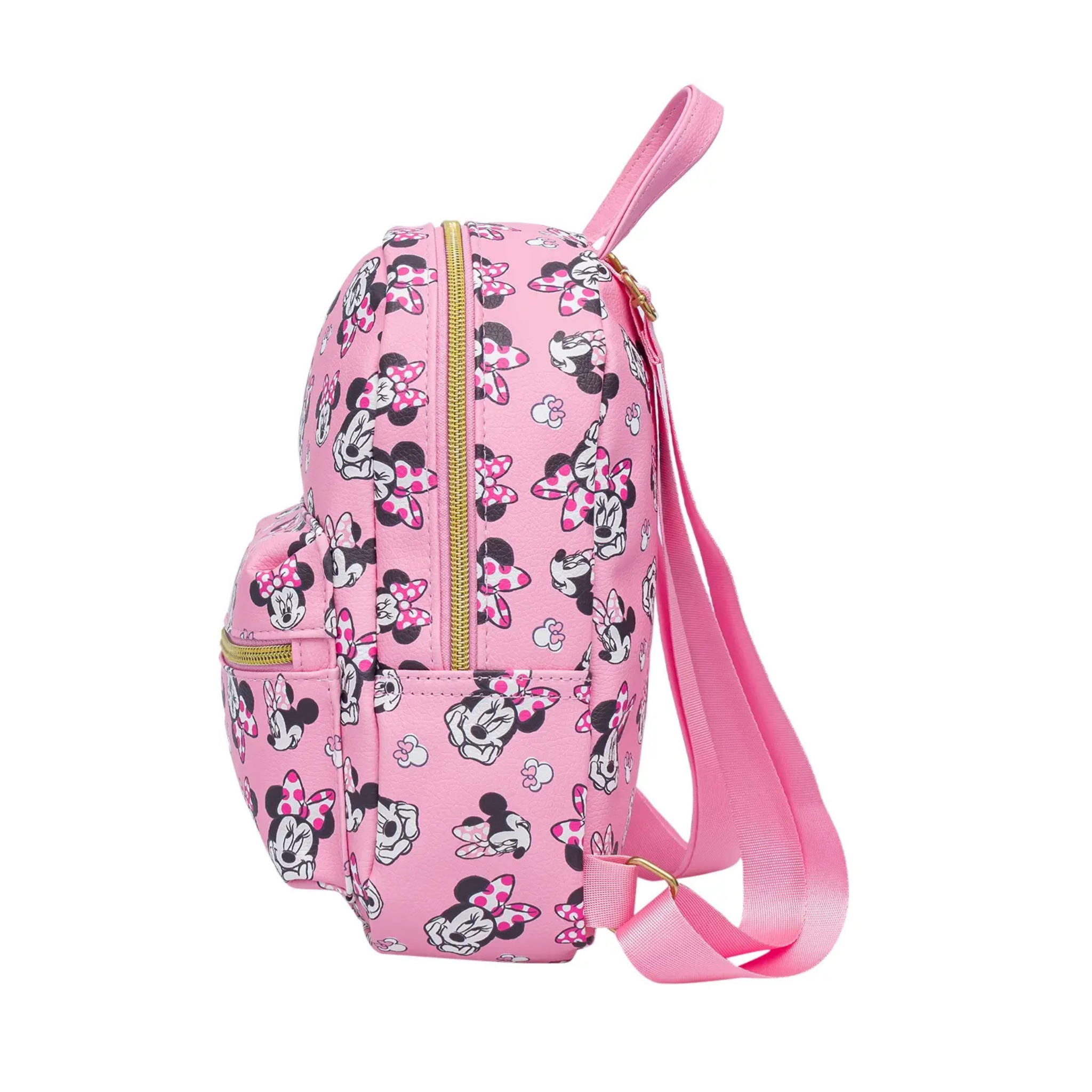 Pink mini backpack with Minnie Mouse pattern on a white background