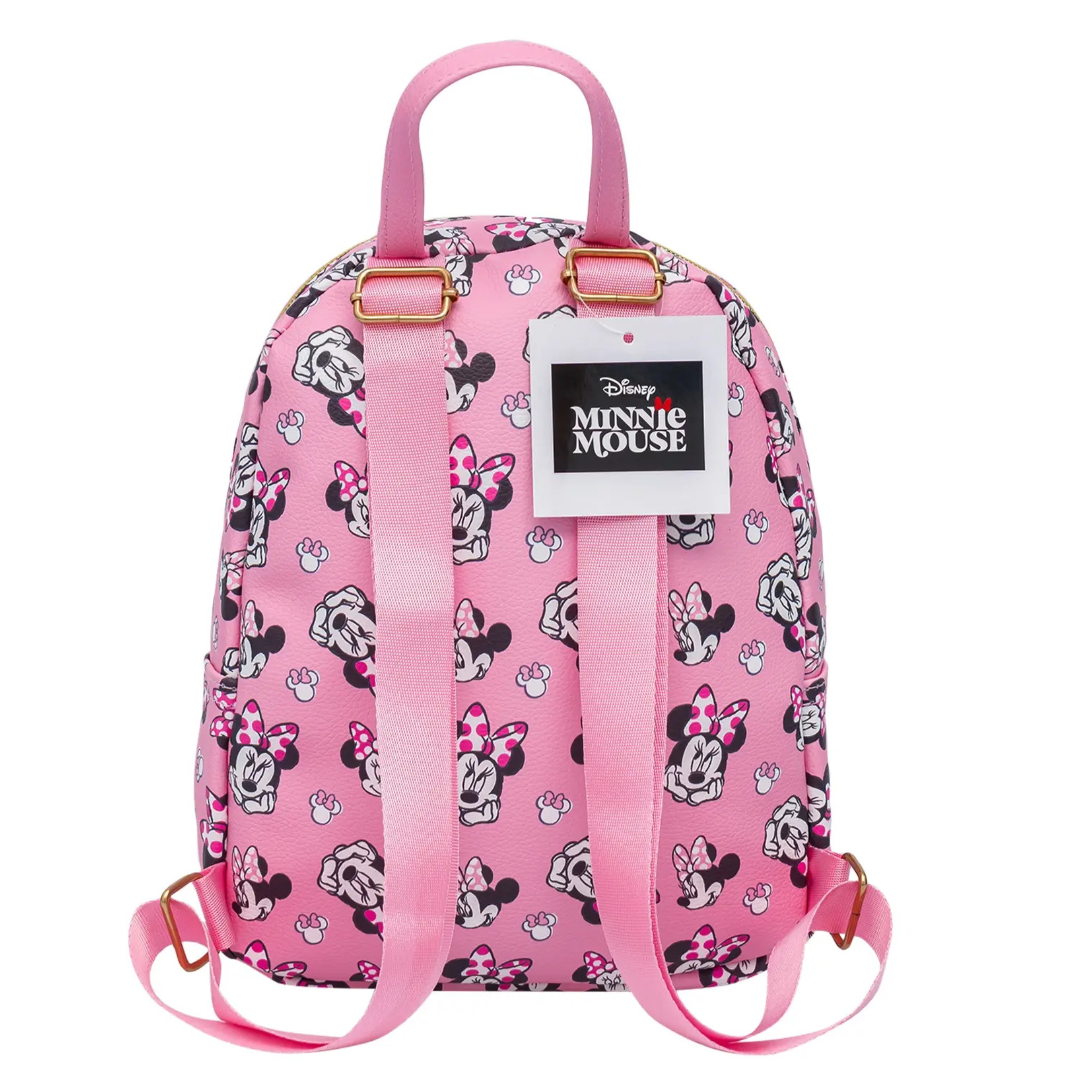 Pink mini backpack with Minnie Mouse pattern and tag on a white background