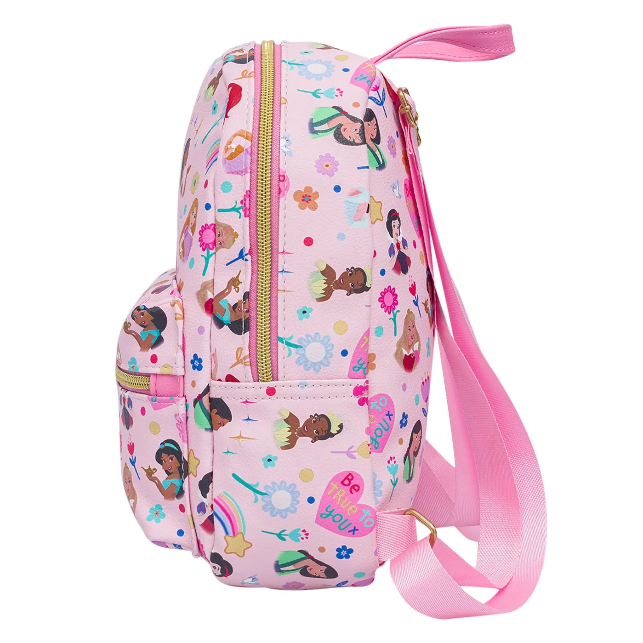 Pink backpack with character print and pink strap on a white background