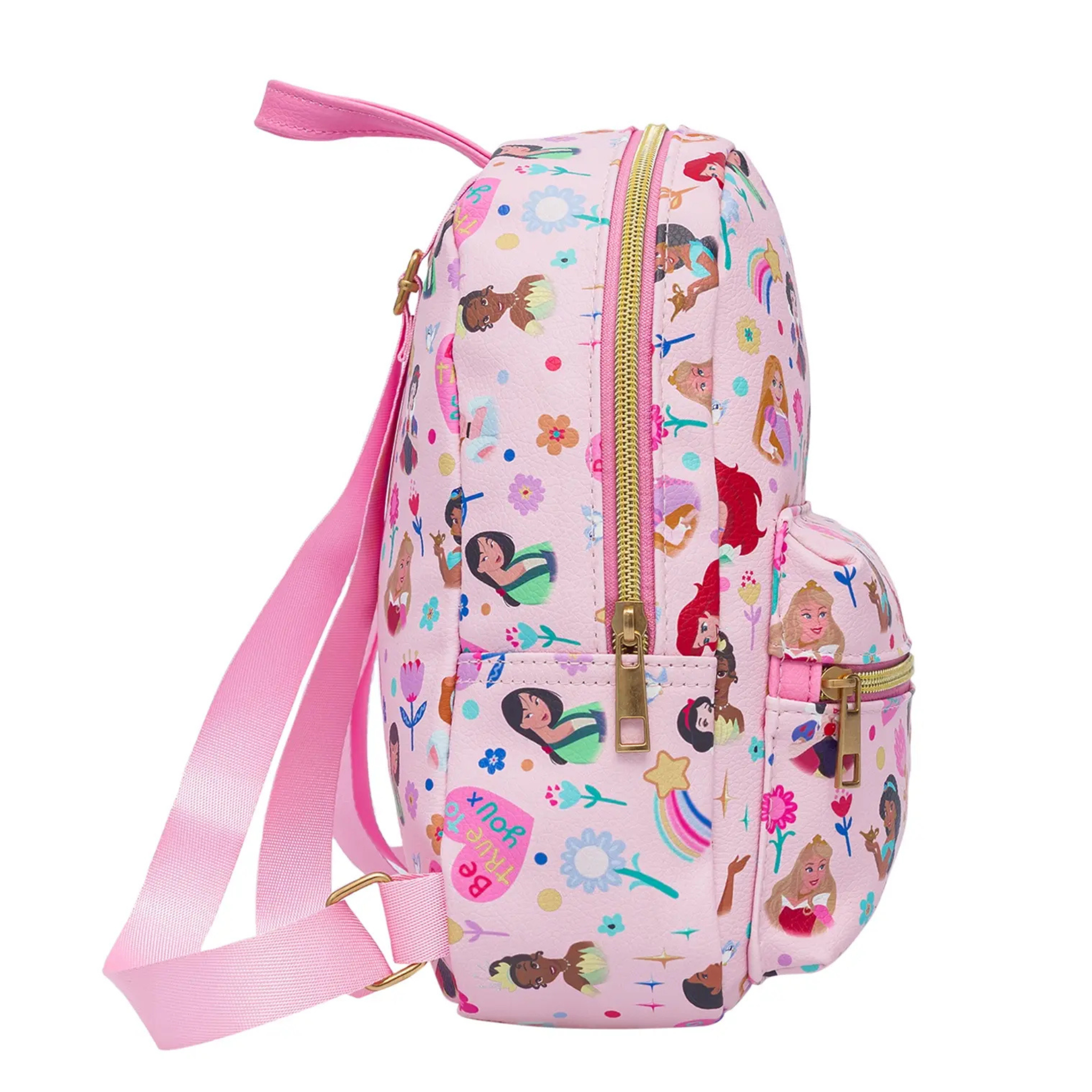 Pink mini backpack with princess-themed design on a white background