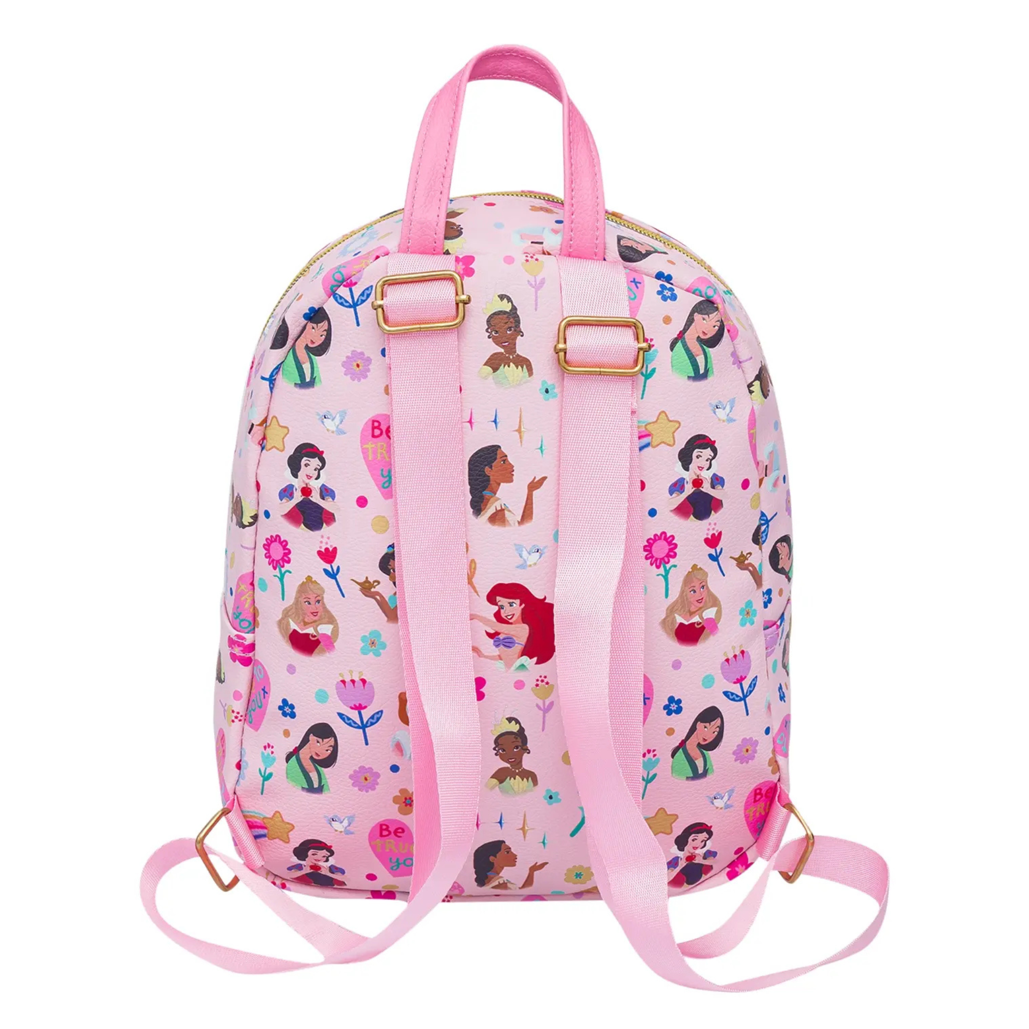 Pink mini backpack with princess and flower pattern on a white background