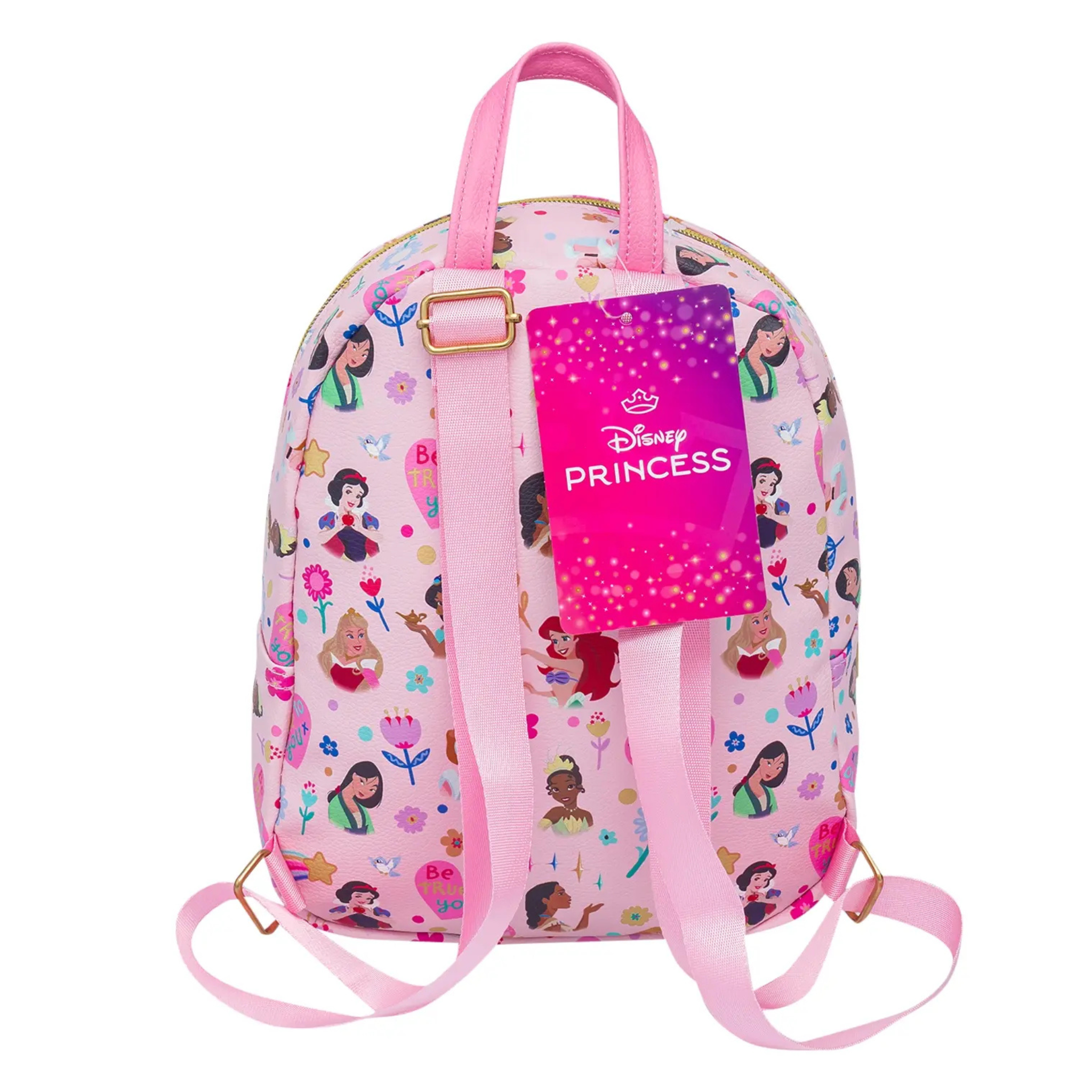 Pink backpack with Disney Princess design and tag on a white background