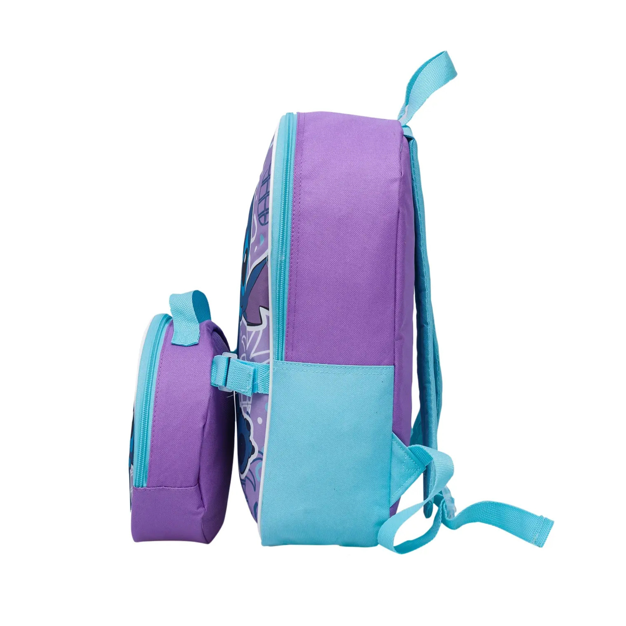 Purple and blue backpack with a Lilo and Stitch design on a white background