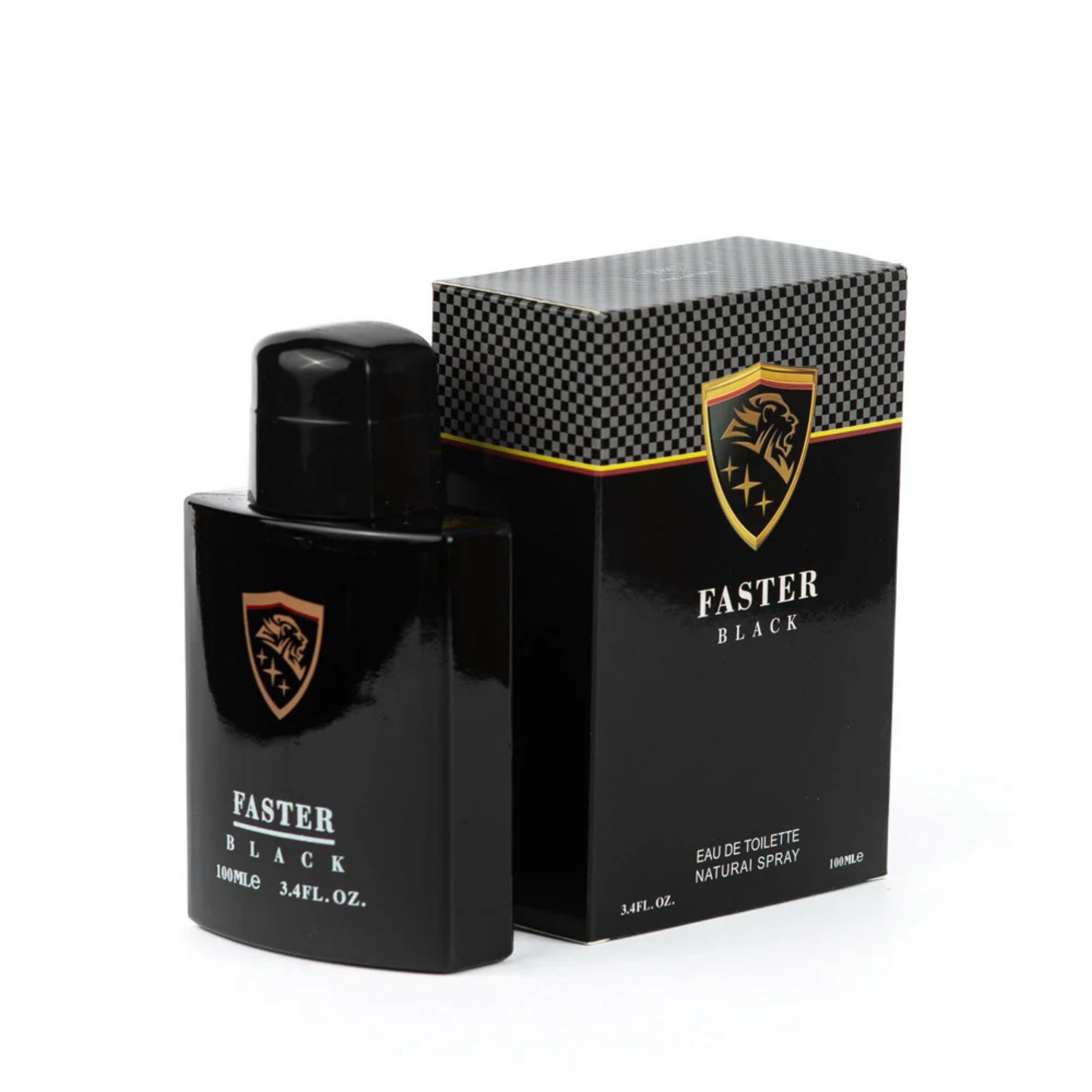 Black Faster Black perfume bottle and packaging on a white background. This is from EBC Collection.