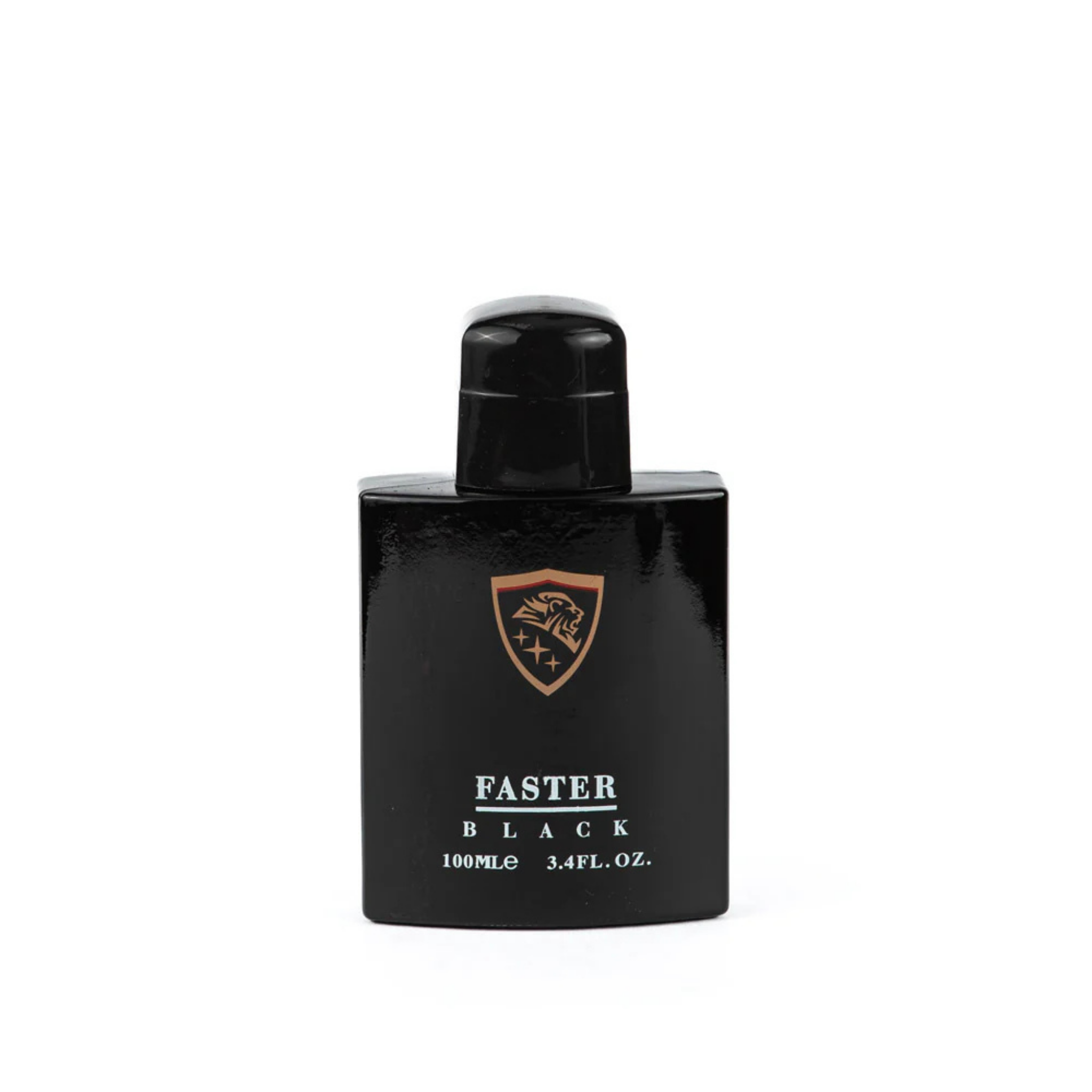 Black perfume bottle labeled 'Faster Black' on a white background. This fragrance is from EBC Collection.