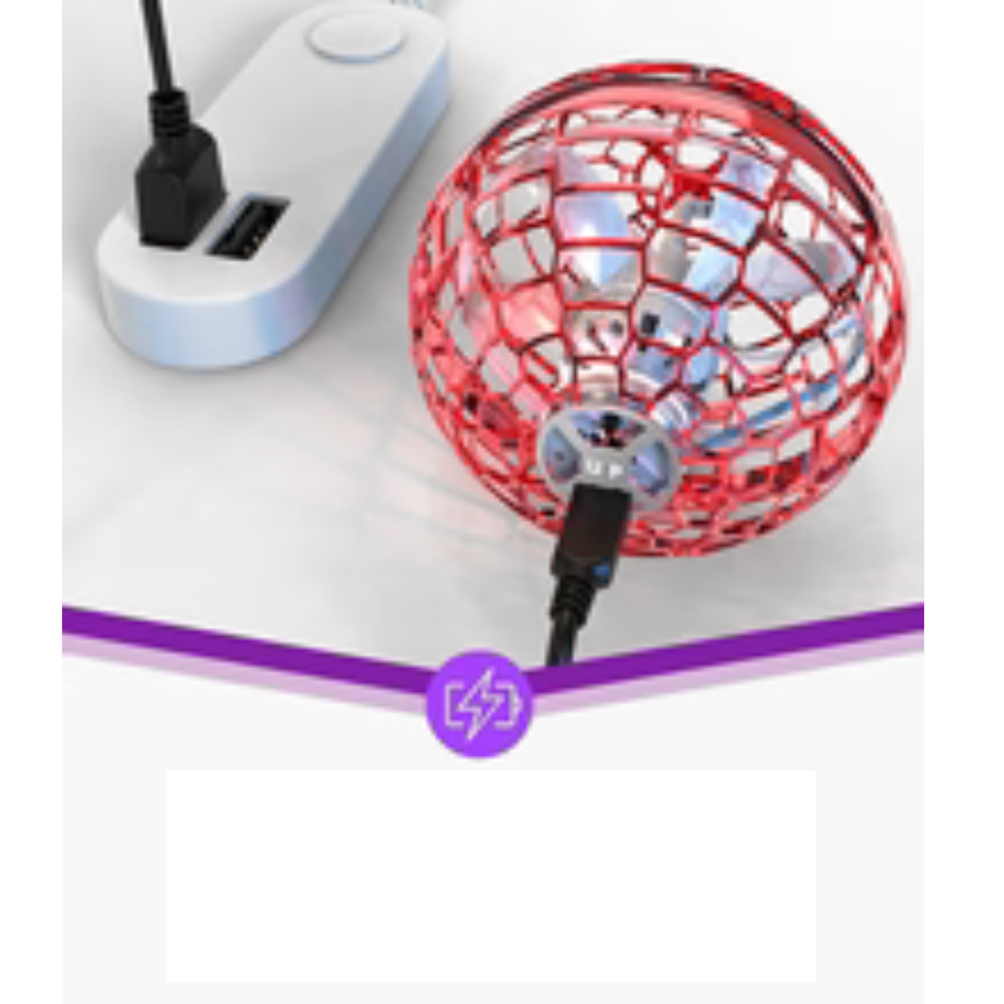 Flying Nova Pro red ball on a white background showcasing how it's battery is cahrged.