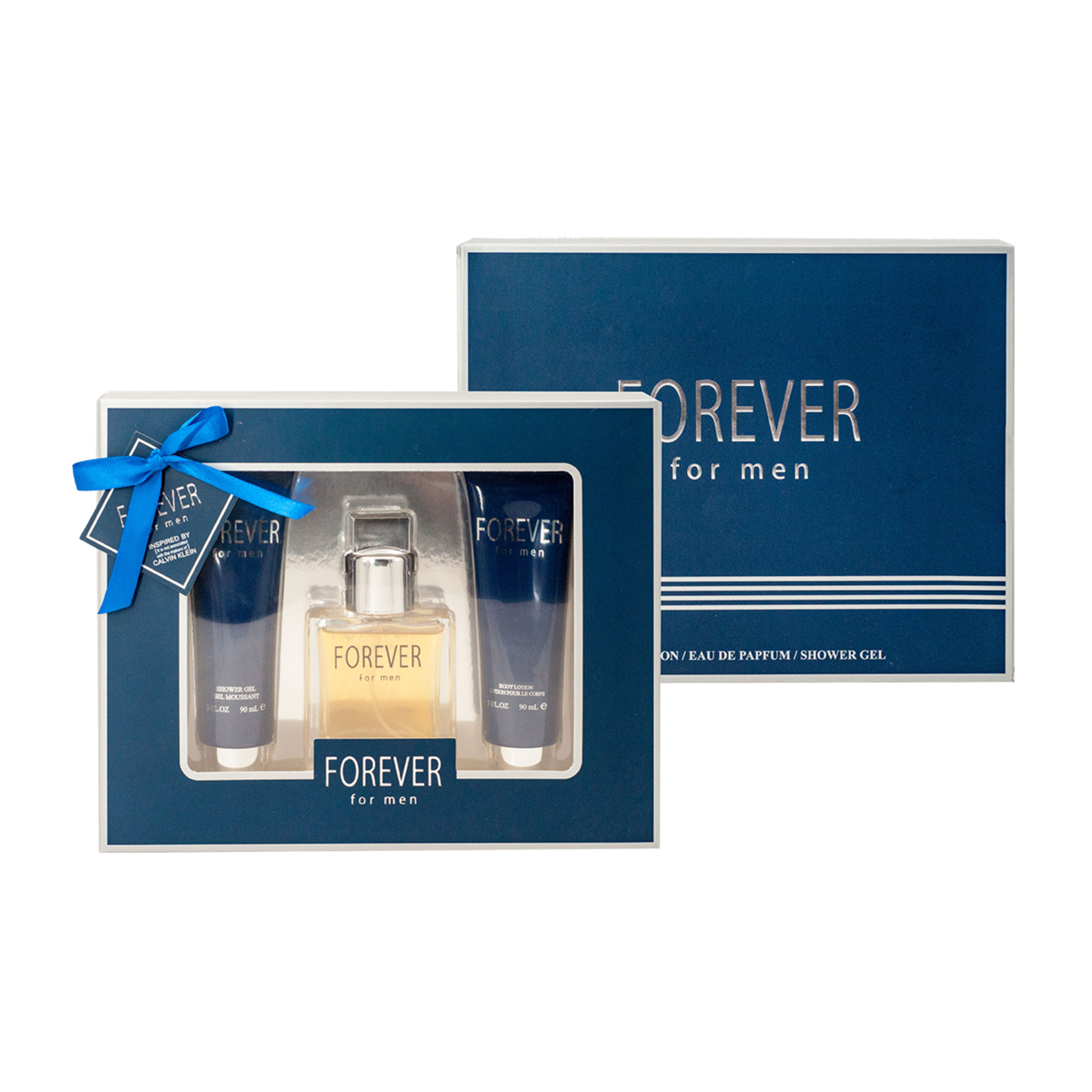 Perfume set with 'Forever for Men' branding in a blue gift box on a white background. This fragrance gift set is from EBC Collection