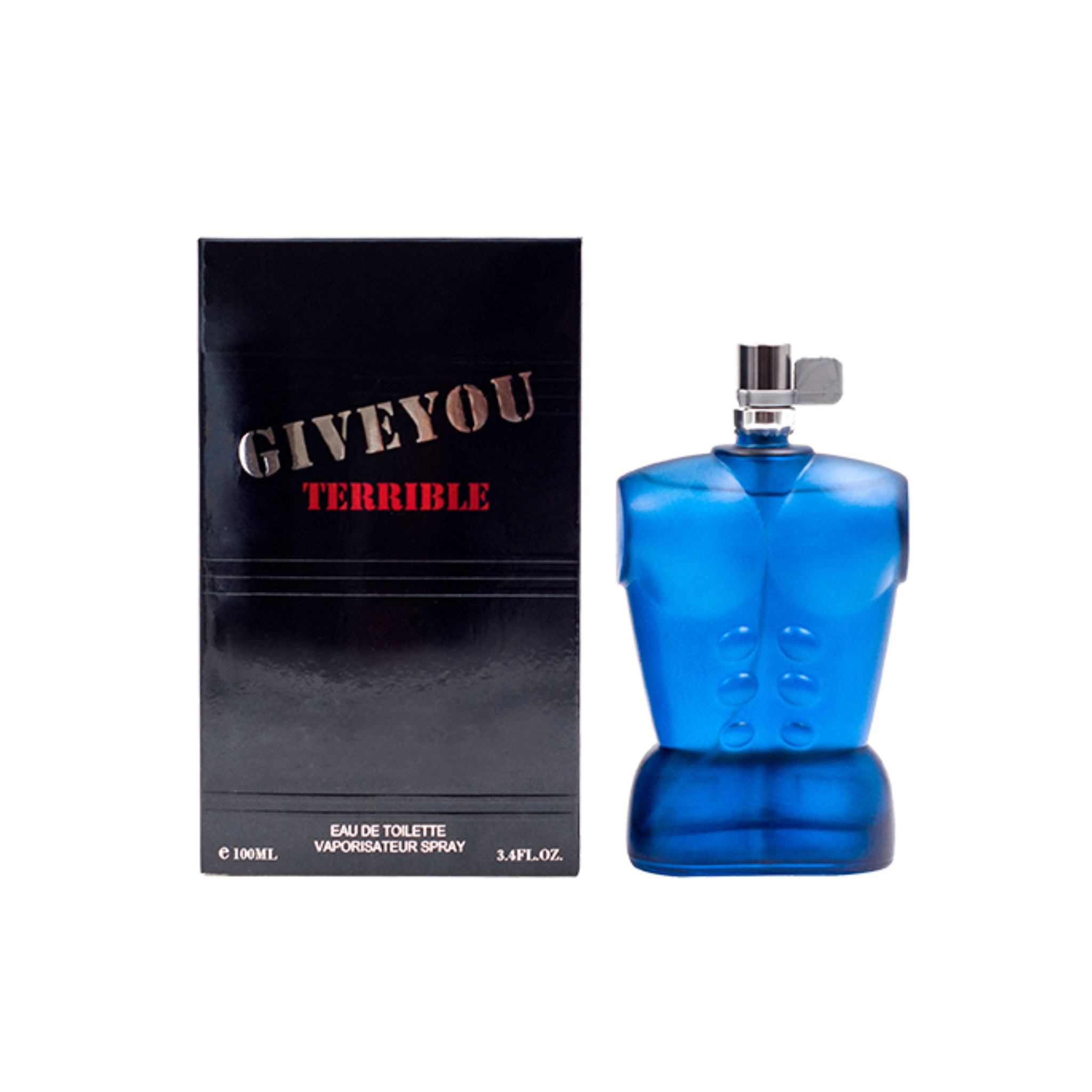 Blue perfume bottle with a black box labeled 'GIVE YOU TERRIBLE' on a white background. This fragrance is from EBC Collection Brand.