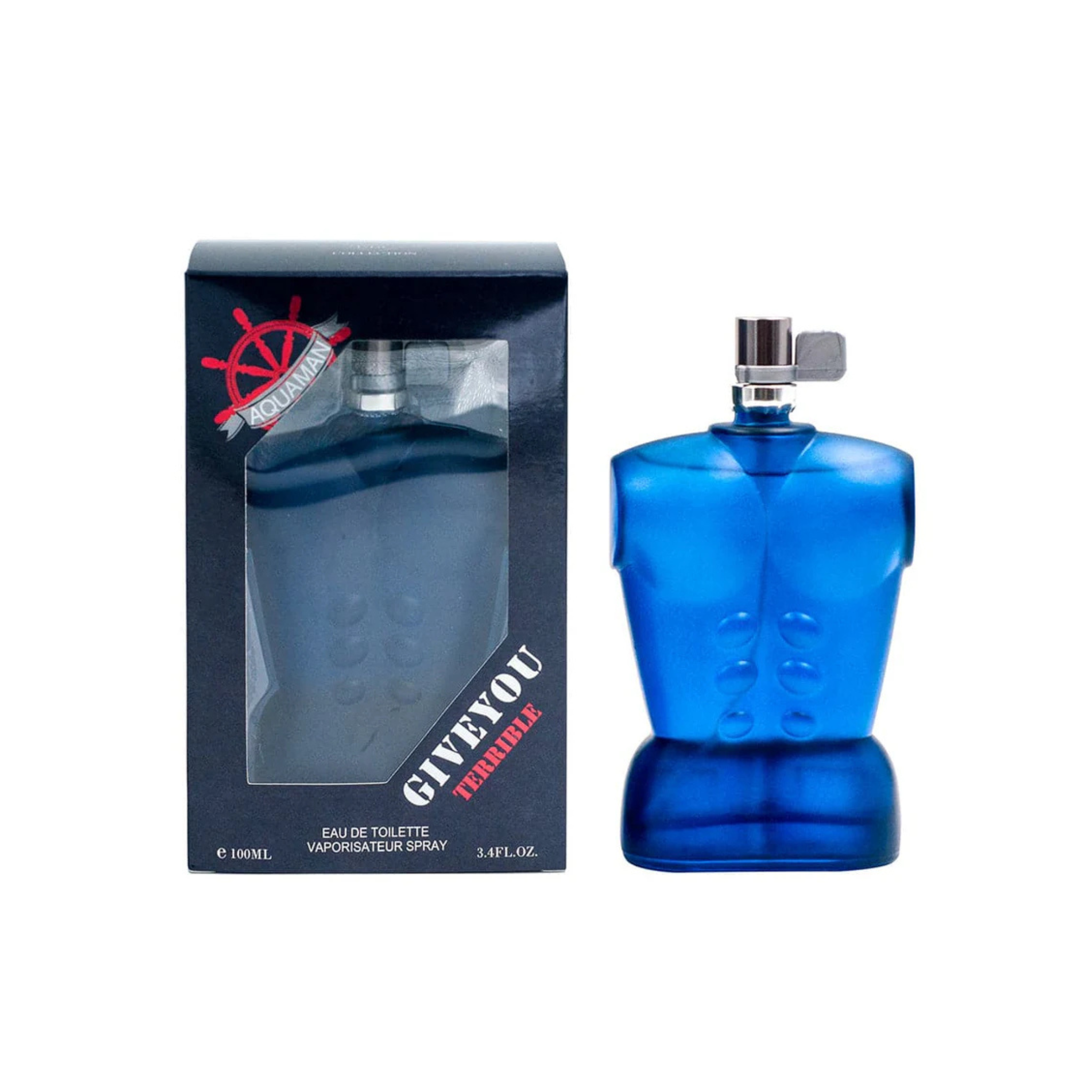 Blue perfume bottle in the shape of a man's body and packaging on a white background. This fragrance is from EBC Collection.