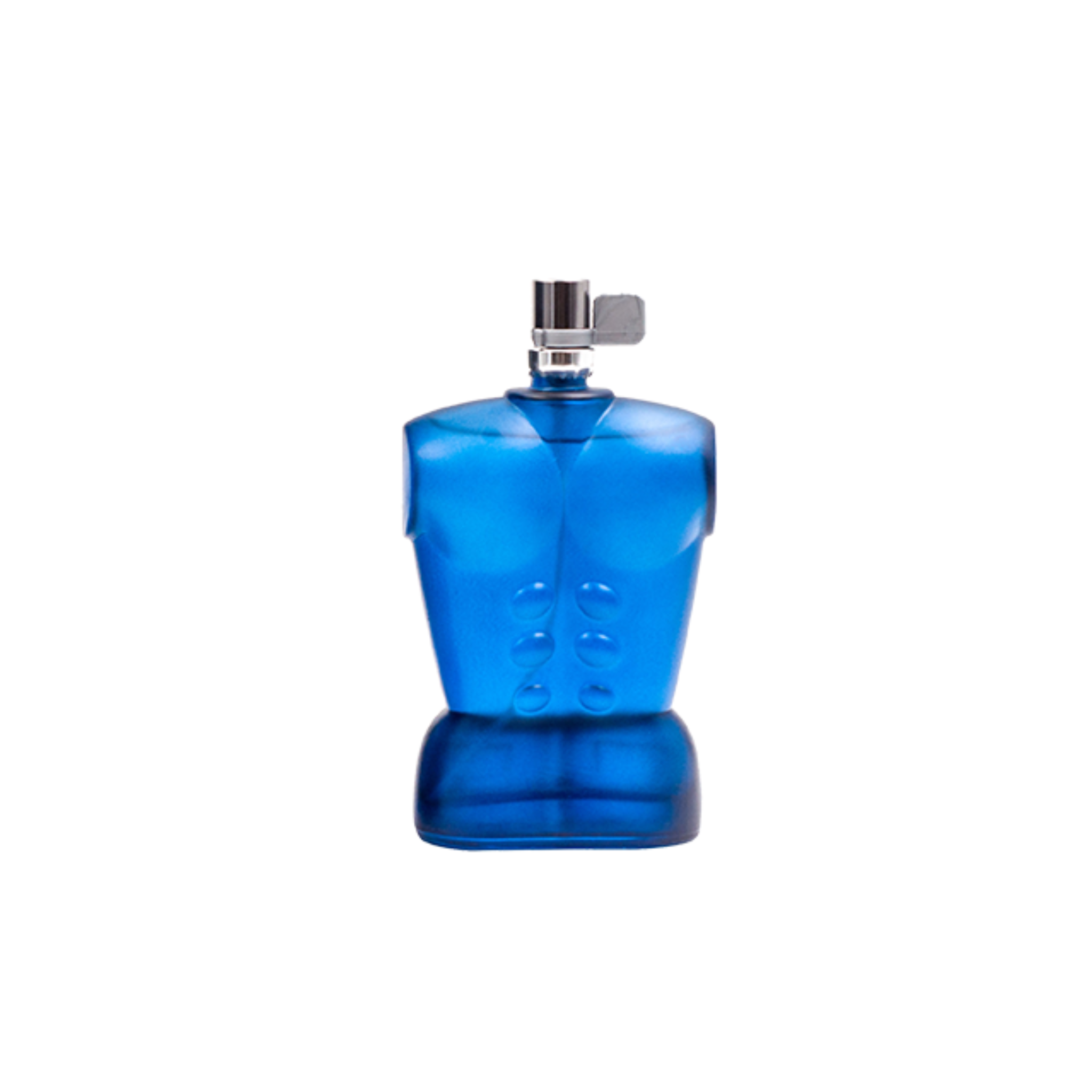 Blue torso-shaped perfume bottle on a white background. This is give you terrible perfume from EBC Collection.