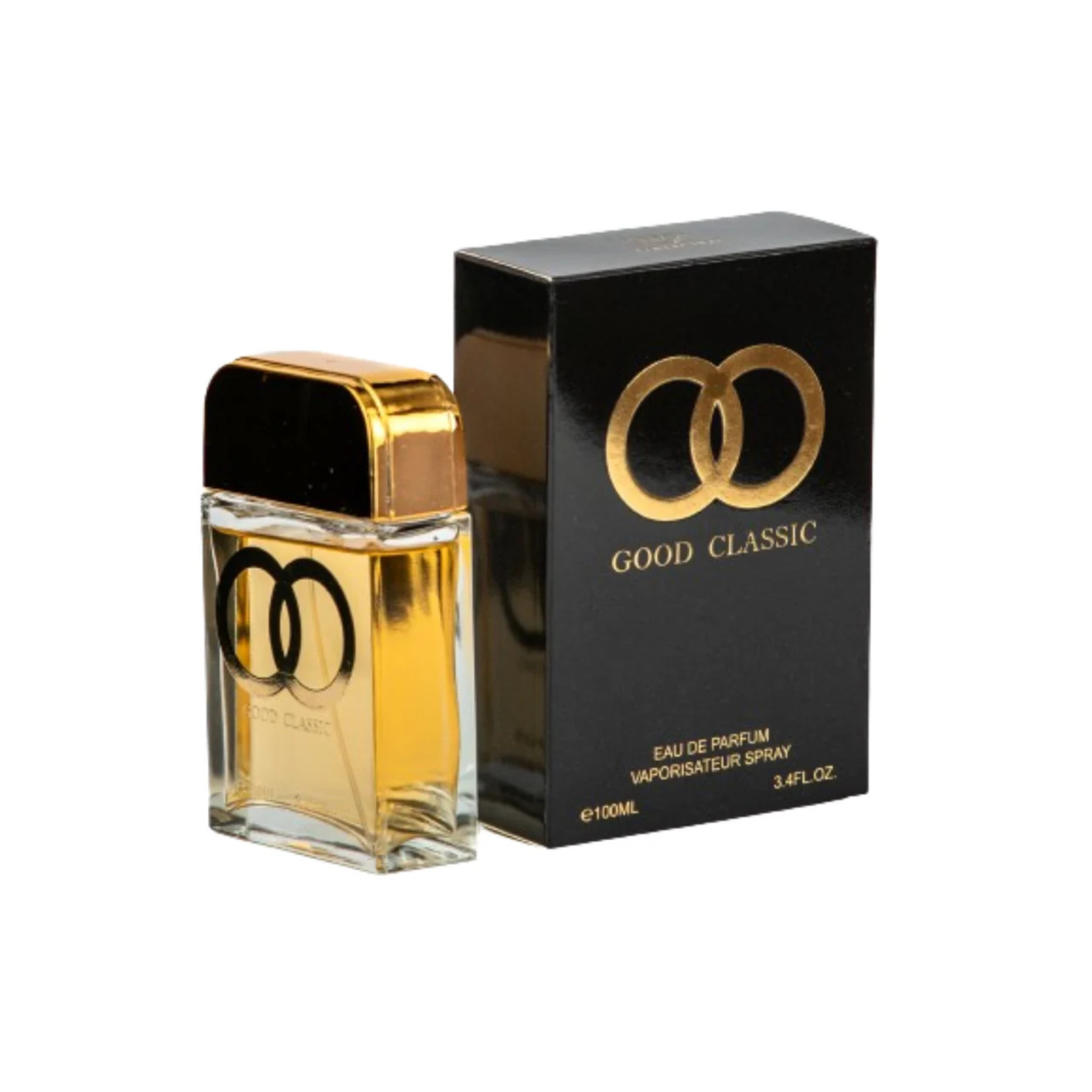 Good Classic Perfume bottle and packaging with gold accents on a white background. This fragrance is from EBC Collection. 