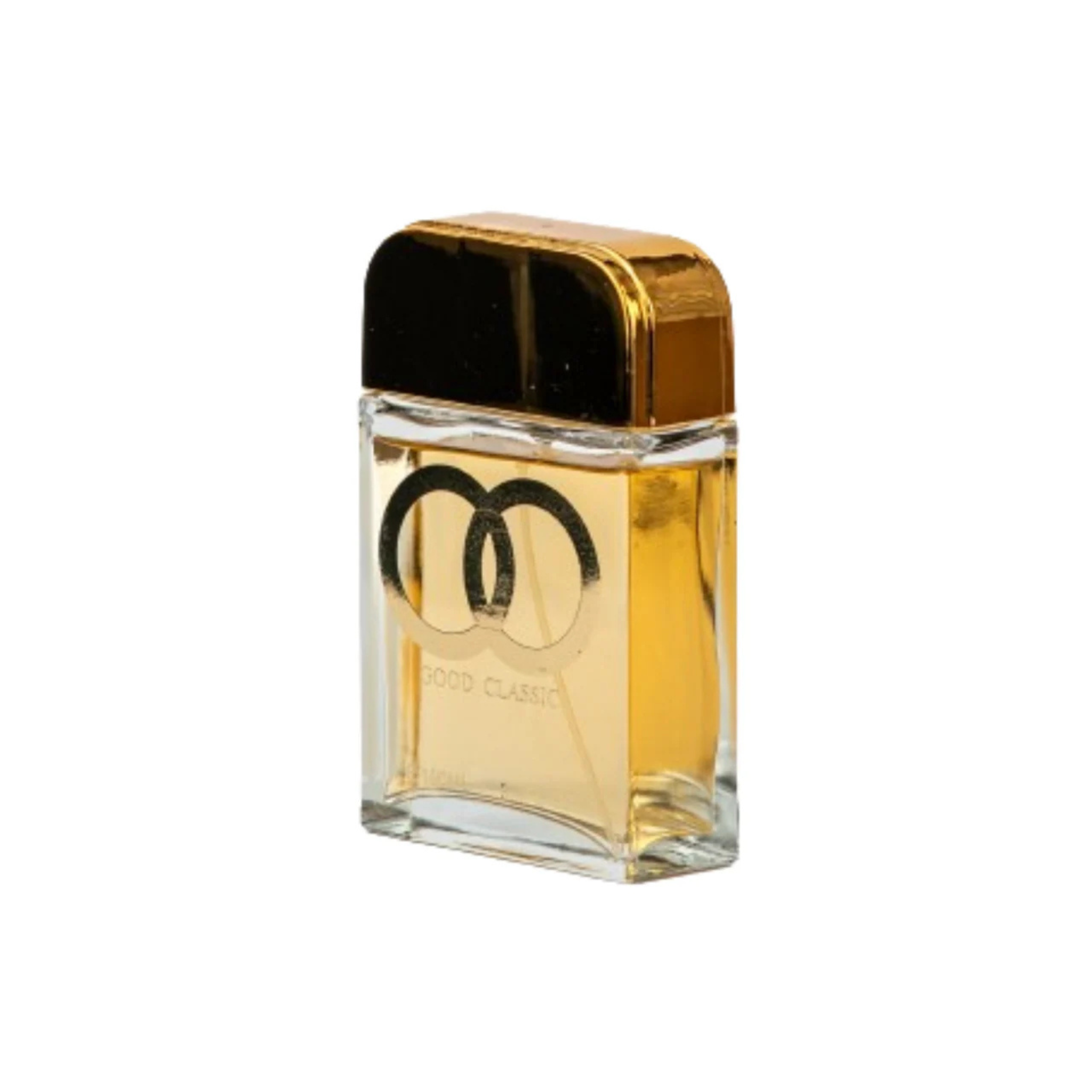 Good classic Perfume bottle with gold cap and clear body on a white background. This fragrance is from EBC Collection.