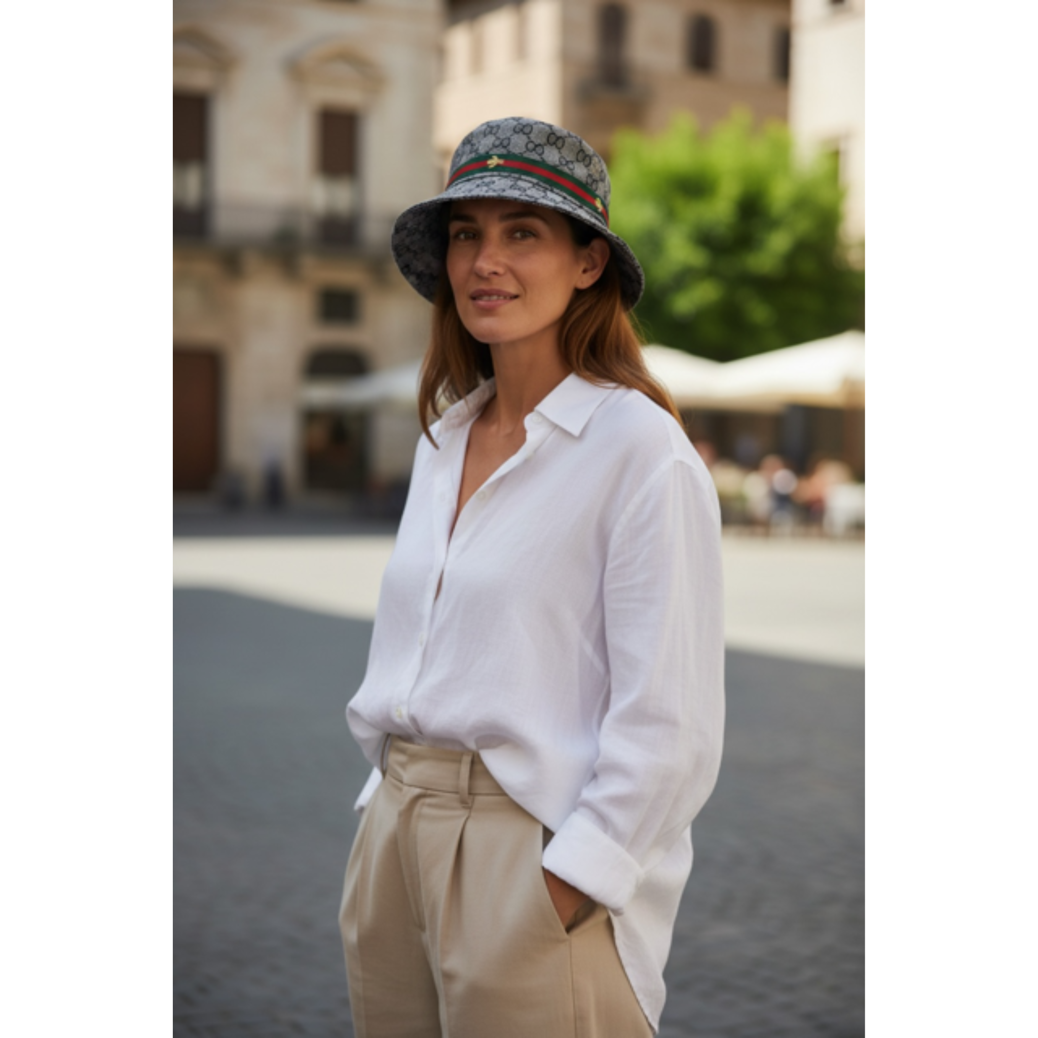 Woman wearing a white shirt and beige pants with a patterned bucket hat in an outdoor setting. The bucket hat is the main selling point. It is gray with a patterned. It also has a red and green strip around it, with a small yellow embroider bee on top of those stripes.