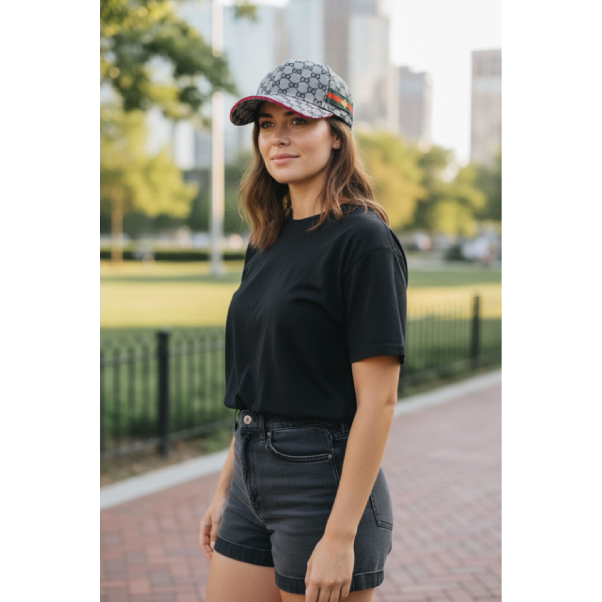 Woman wearing a black t-shirt and black denim shorts with a gray cap in an outdoor setting. The cap has a red and green stripe on the side of the hat with a small yellow embroider bee on top of those stripes.