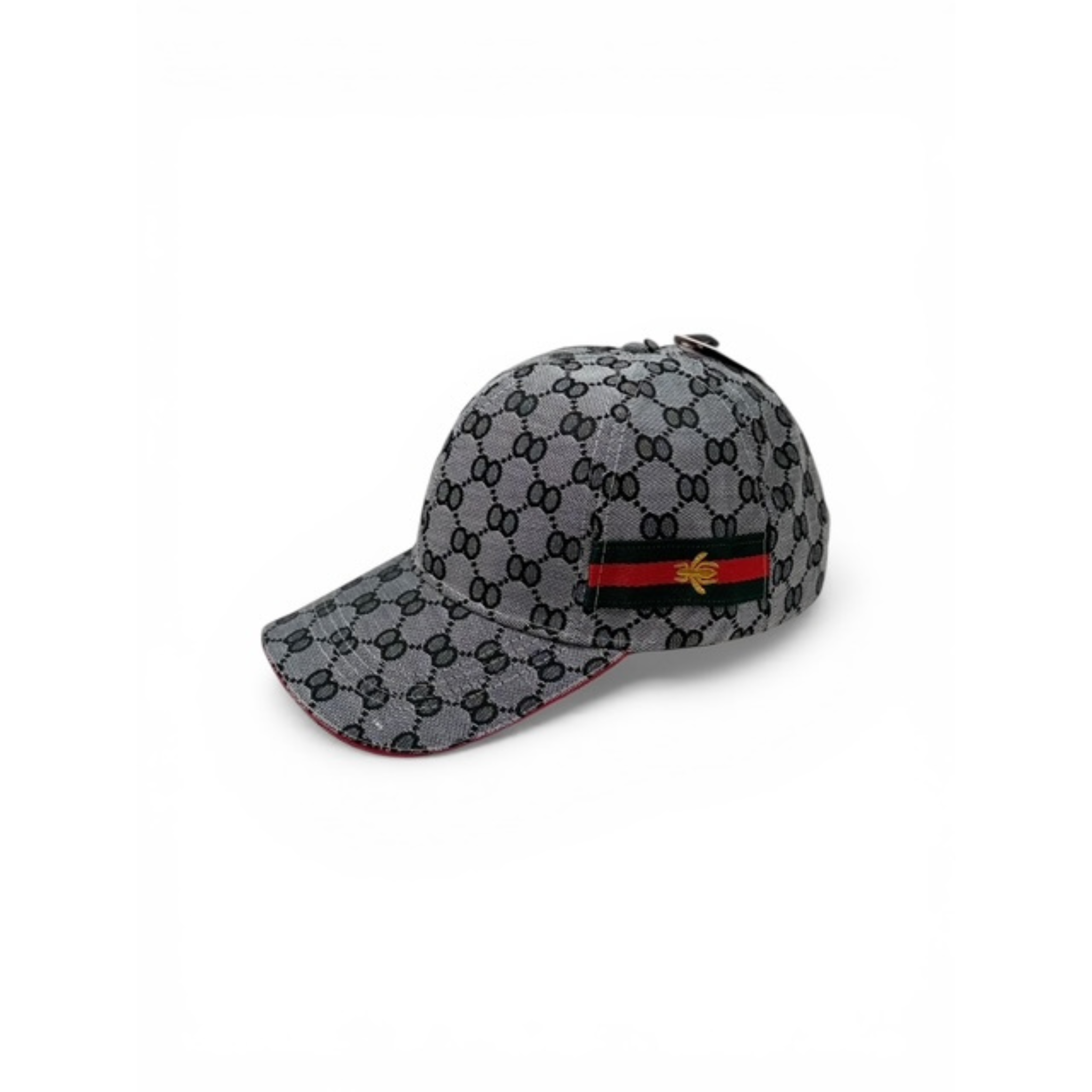 Gray checkered cap with a yellow bee logo on the side. Over one red and two green stripes on the side. This is over a white background