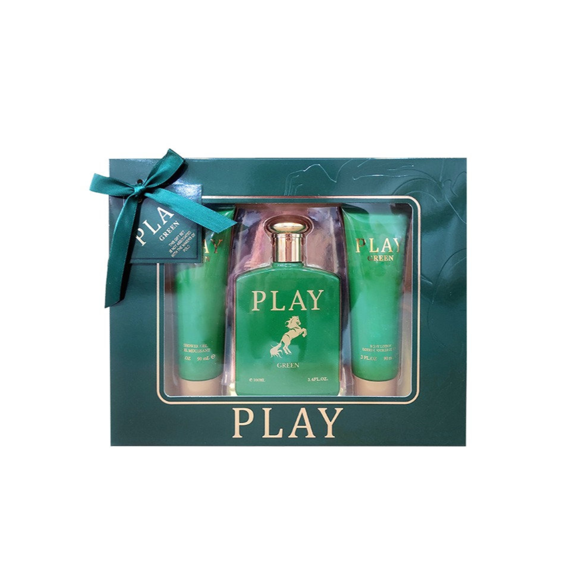 Green 'PLAY' perfume set in a decorative box on a white background. This gift set is from ebc collection brand.