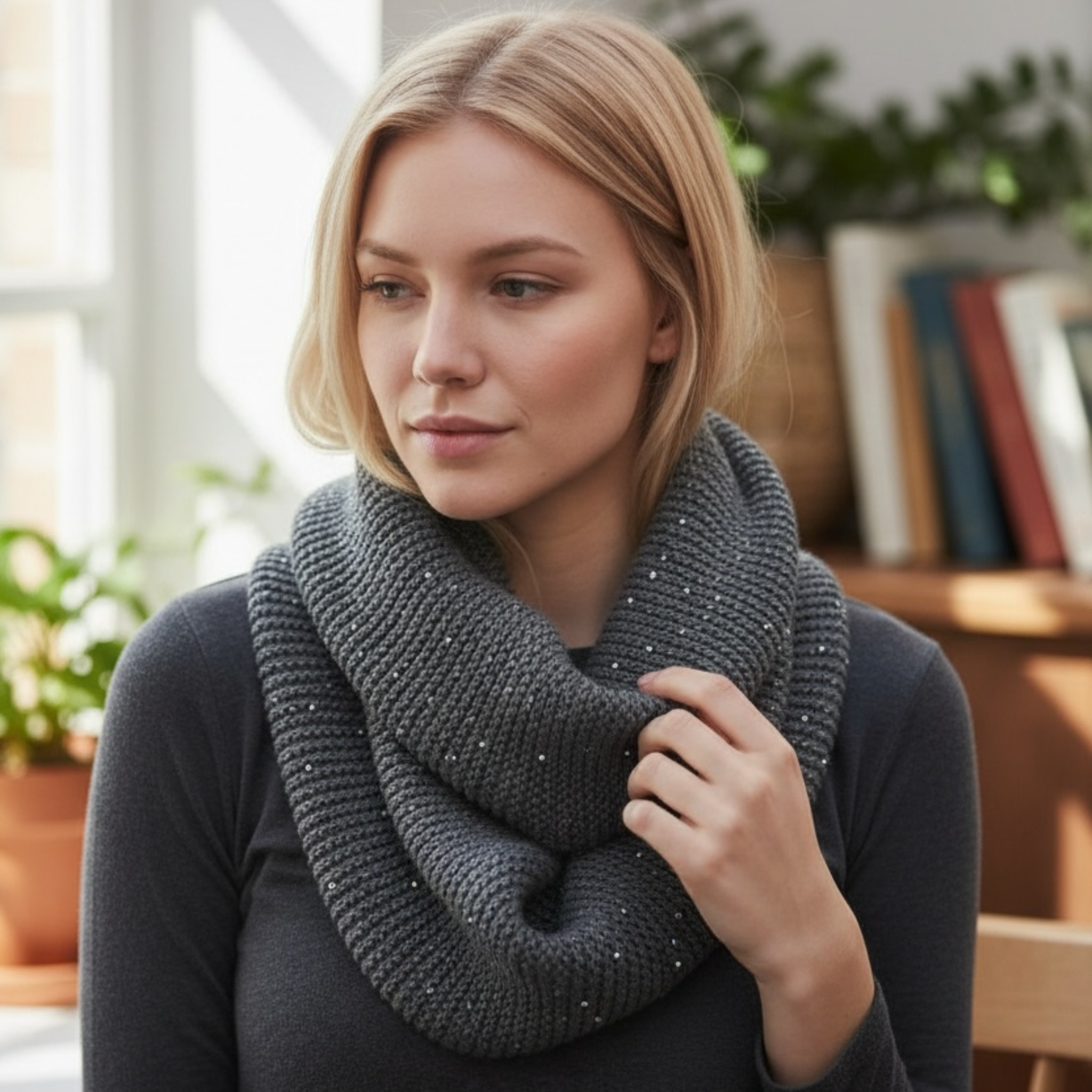 Woman wearing a dark gray knit scarf indoors with a blurred background