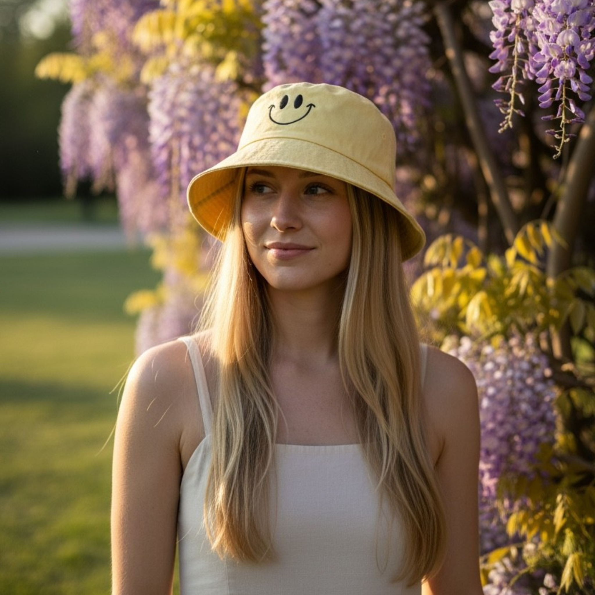 Woman wearing a yellow bucket hat with a smiley face in front of wisteria flowers.