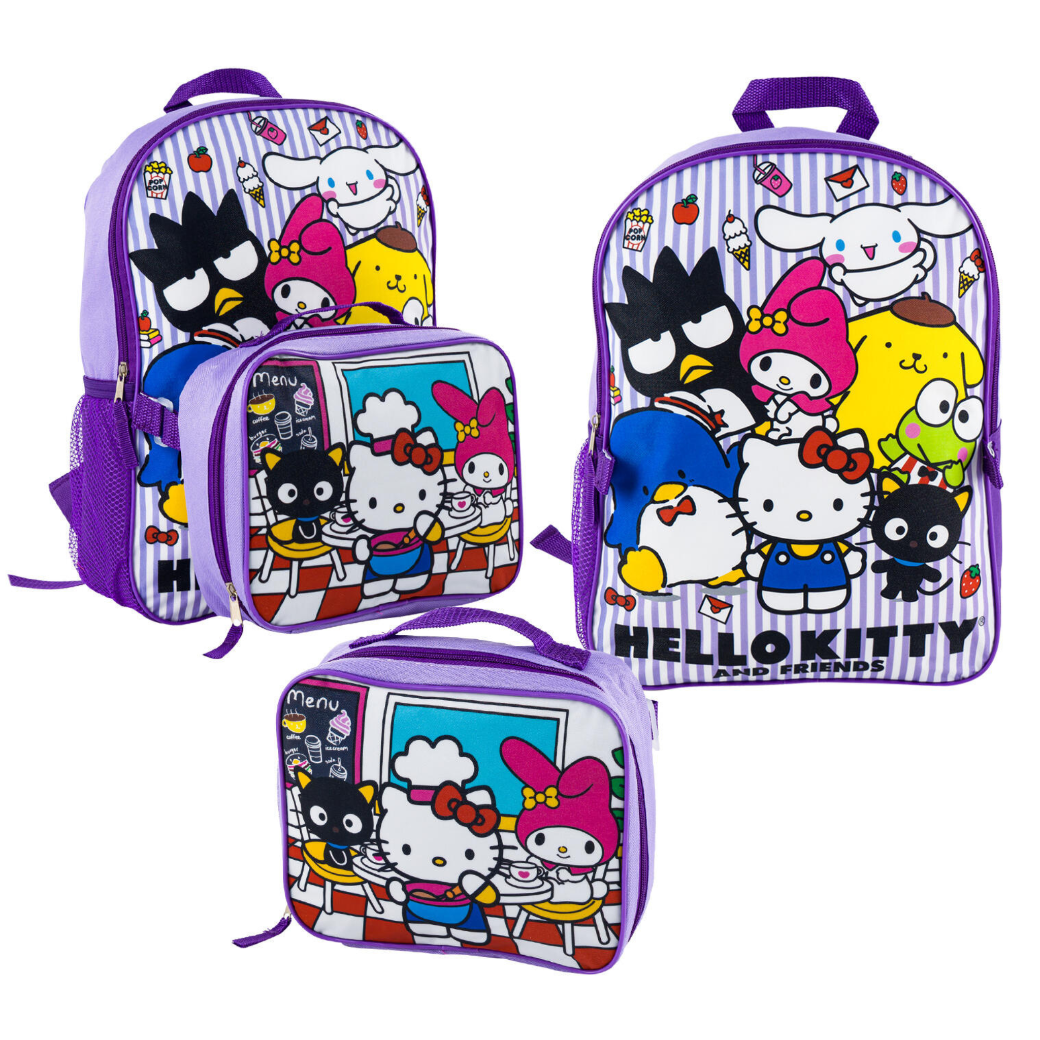 Two backpacks and a lunch bag with Hello Kitty and friends design on a white background