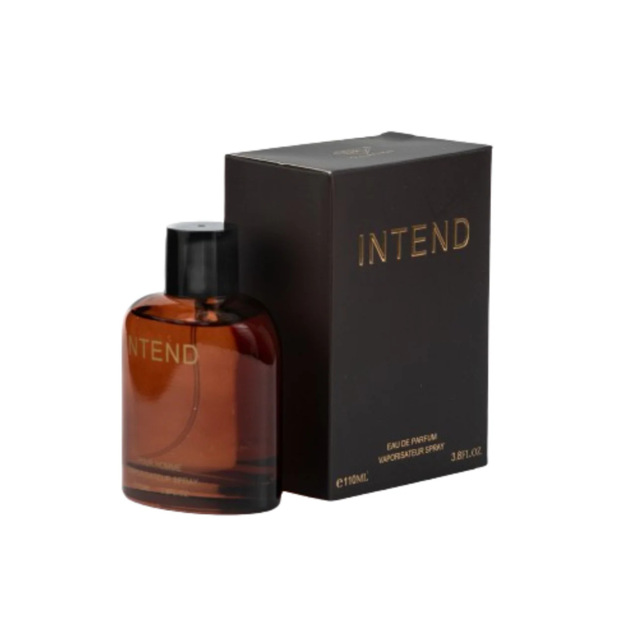 Amber perfume bottle and black box with 'INTEND' branding on a white background. This Fragrance is from EBC Collection.