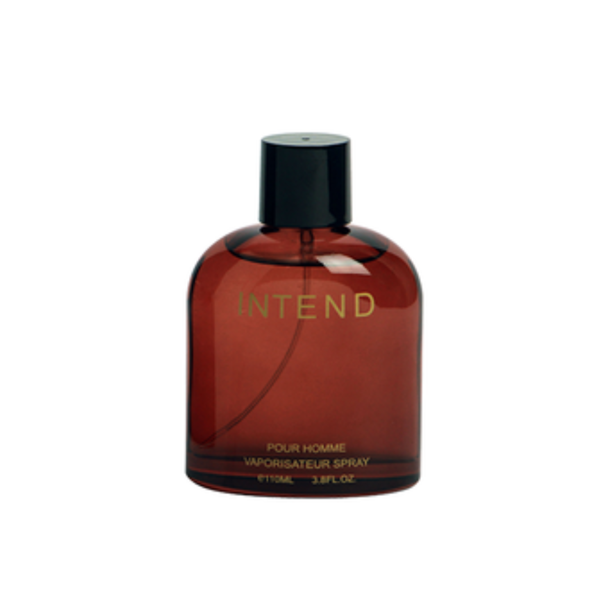 Red bottle of 'Intend' cologne on a white background. This fragrance is from EBC Perfume.