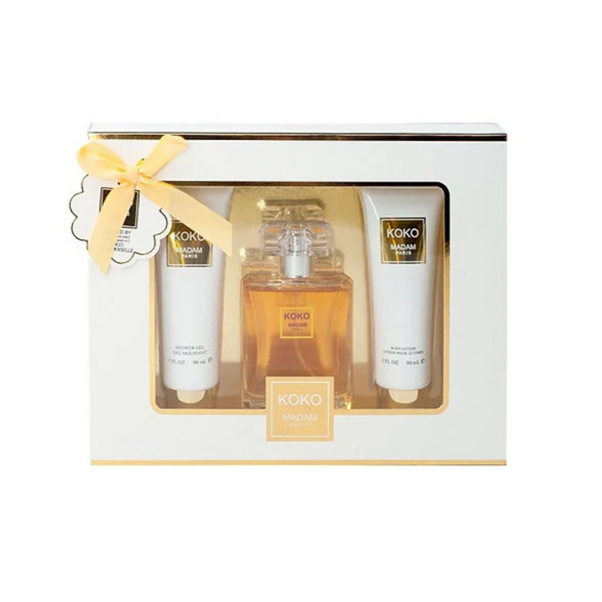 Koko Madam Paris Fragrance gift set with a yellow bow on a white background. This fragrance gift set is from the brand EBC Collection.